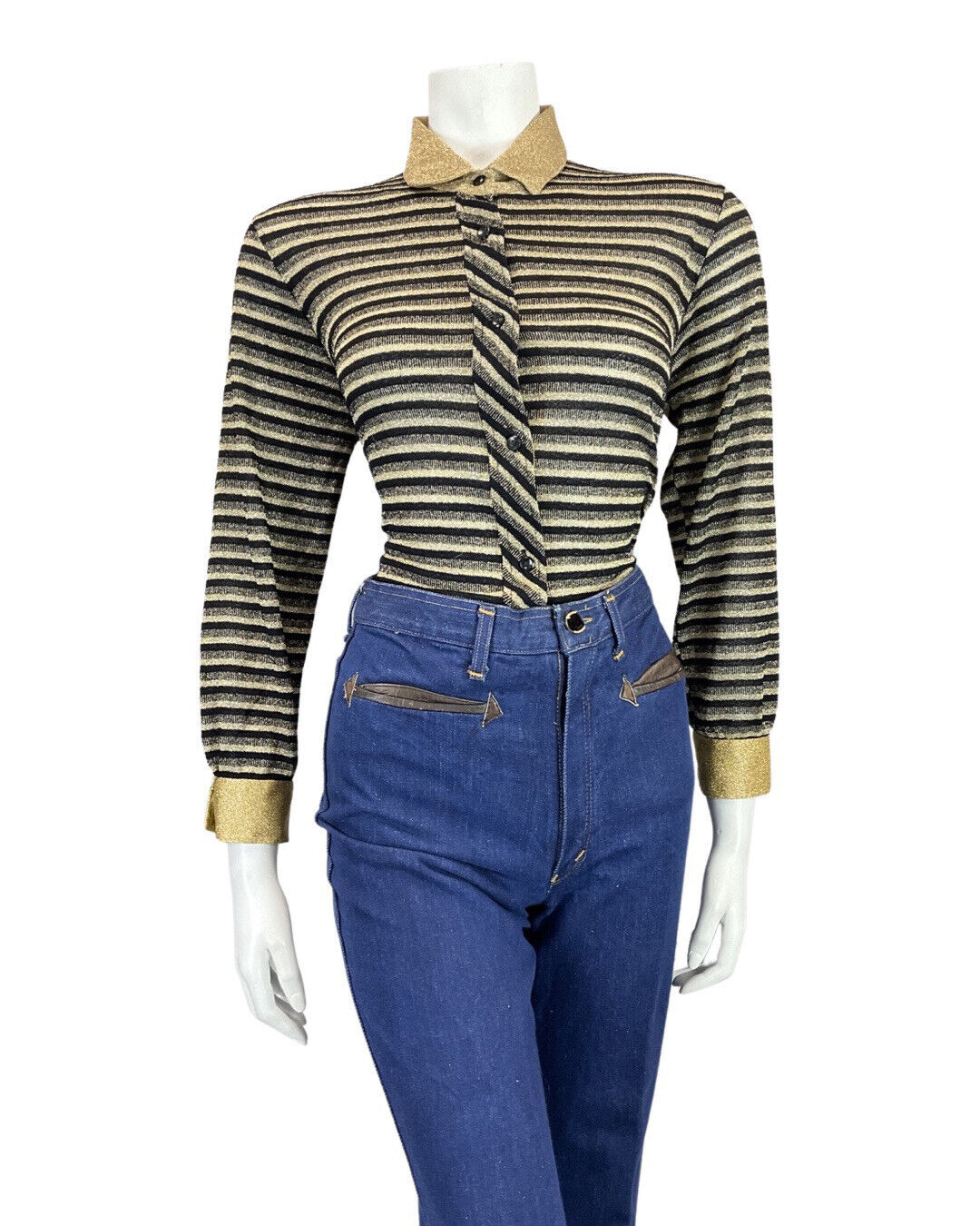 VINTAGE 60s 70s BLACK GOLD STRIPED DISCO PARTY MOD LUREX BLOUSE SHIRT 12 14