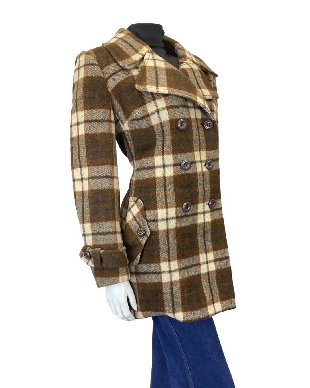 VINTAGE 60s 70s BROWN CREAM PLAID CHECKED MOD WOOL COAT 14 16