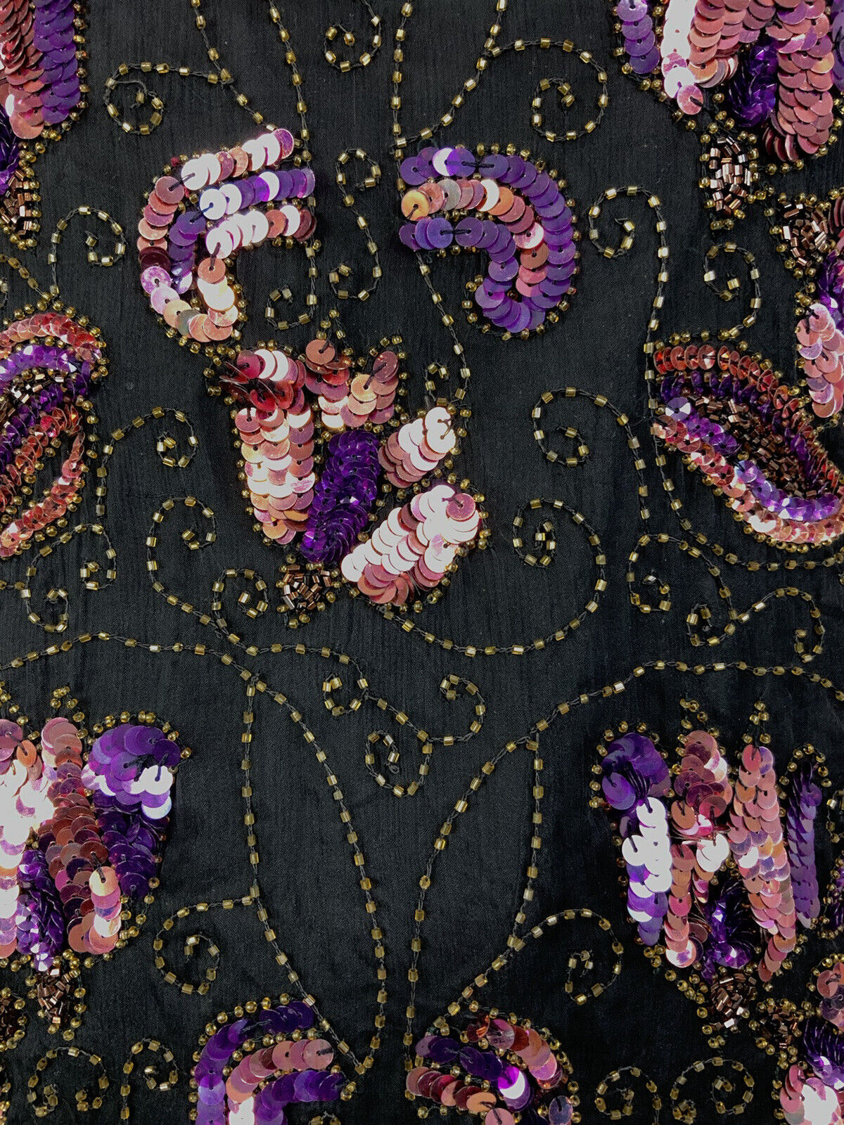 VINTAGE 70s BLACK PURPLE GOLD FLORAL SWIRL SEQUIN DISCO GLAM PARTY TOP 14 16