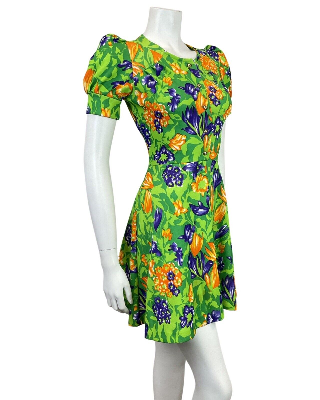 VINTAGE 60s 70s GREEN PURPLE ORANGE FLORAL LEAFY PUFF SLEEVE MOD SUMMER DRESS 8