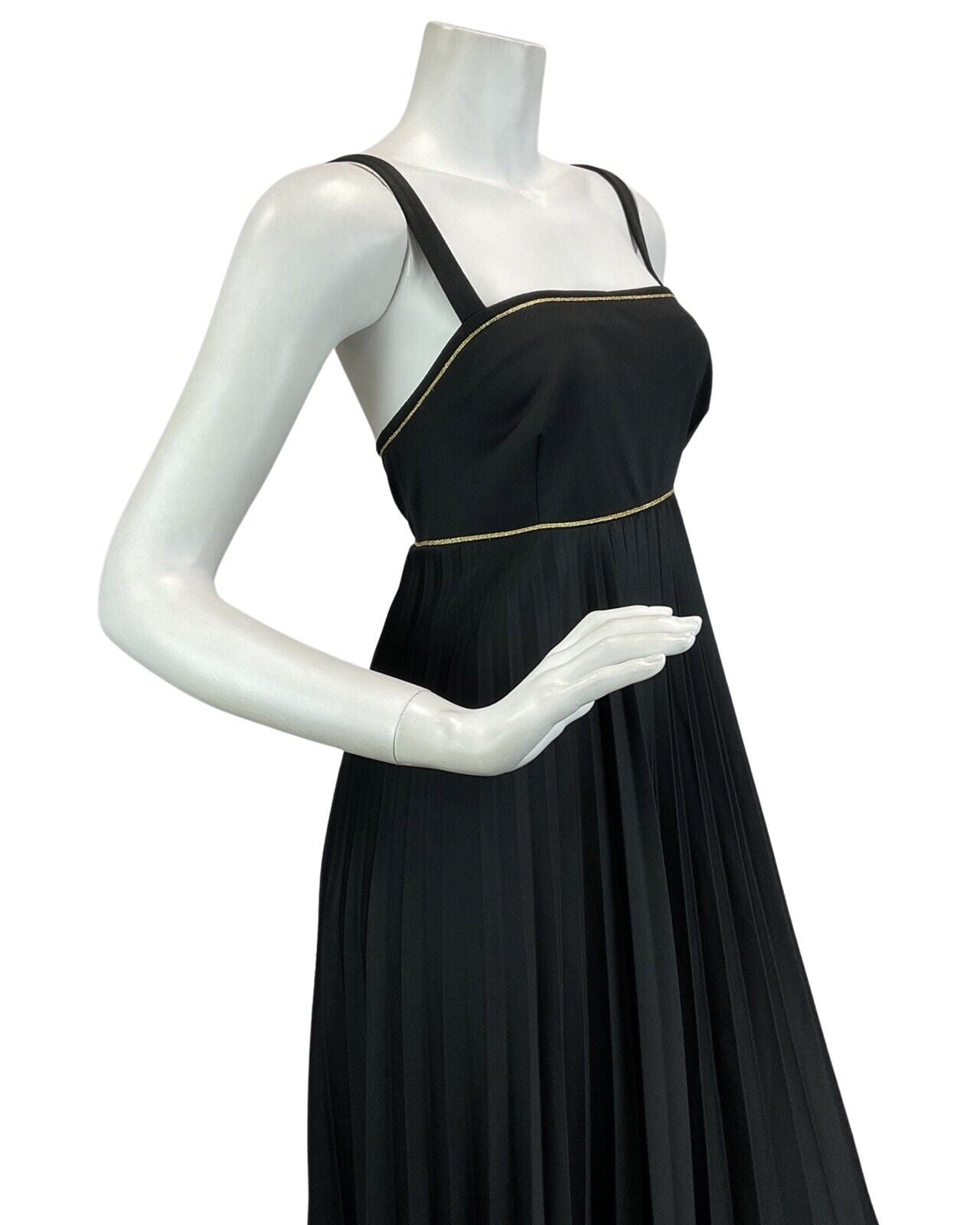 VINTAGE 60s 70s BLACK GOLD CROSS BACK PLEATED DISCO BOHO FOLK MAXI DRESS 10 12