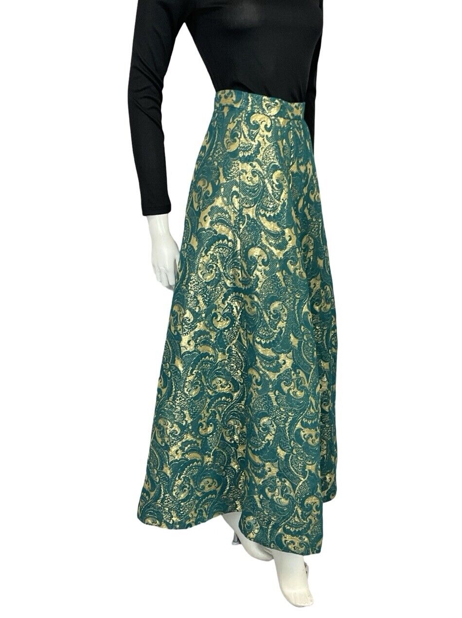 VTG 60S 70S TEAL BLUE GOLD BROCADE METALLIC PARTY FORMAL A. LINE MAXI SKIRT 12