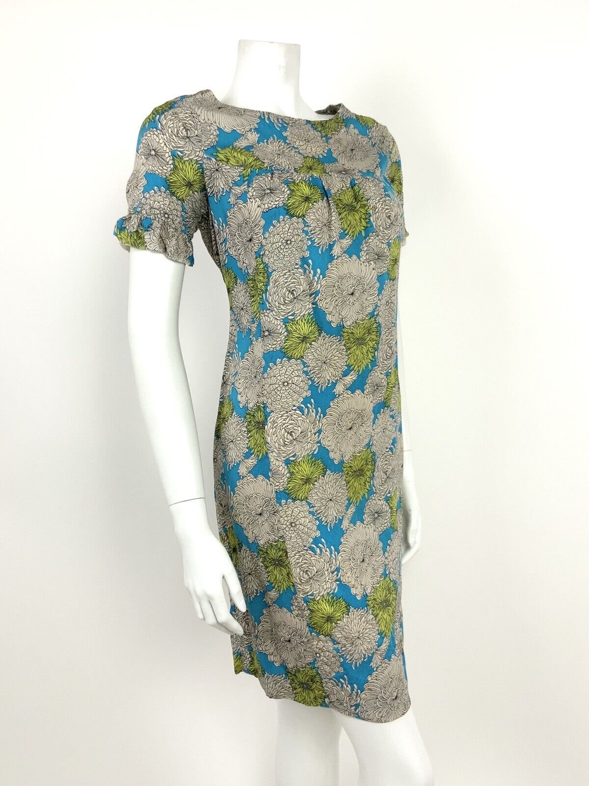 VTG 60s 70s BLUE LIME GREEN CHRYSANTHEMUM FLORAL PSYCHEDELIC SHIFT DRESS 10 12