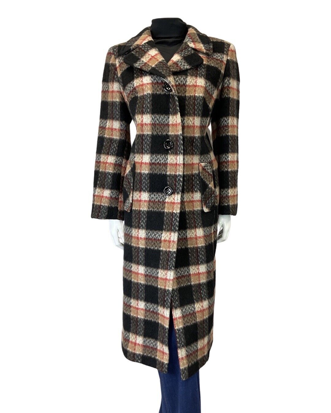VINTAGE 60s 70s BLACK CREAM RED PLAID CHECKED MOD WOOL COAT 16