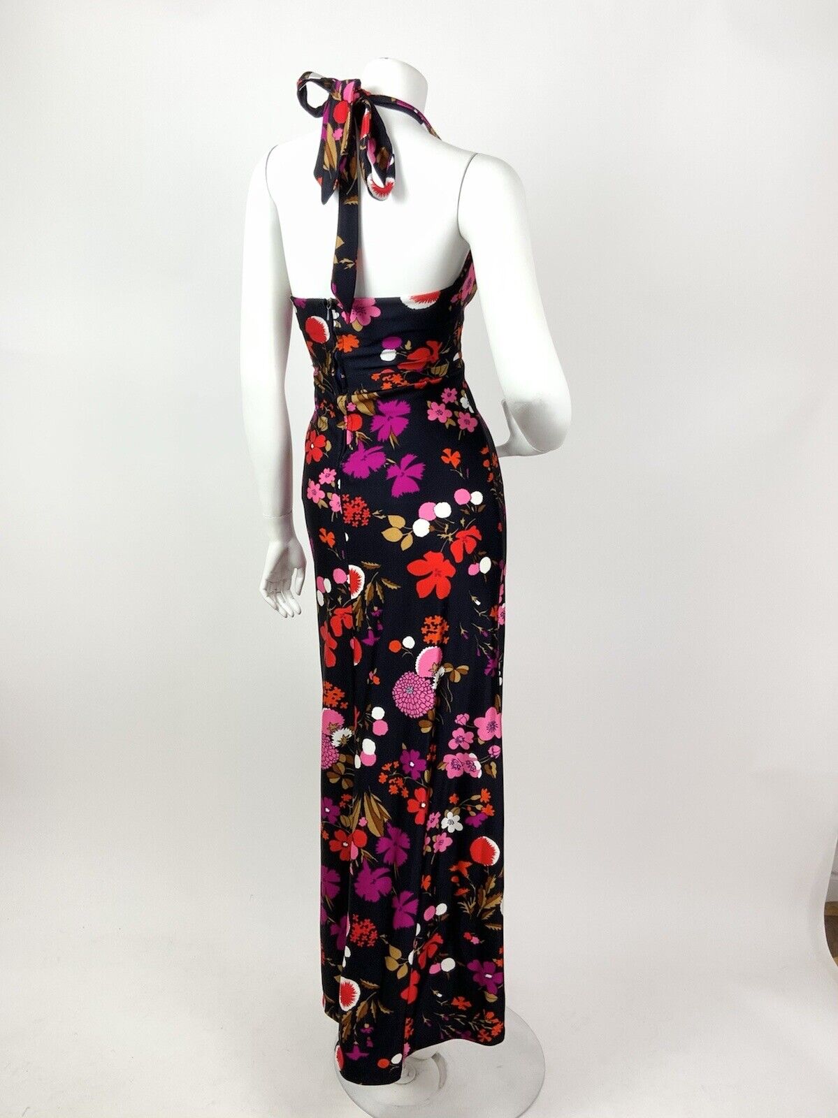 VTG 60s 70s PSYCHEDELIC BLUE RED PINK BROWN FLORAL HALTER MAXI SUMMER DRESS 8
