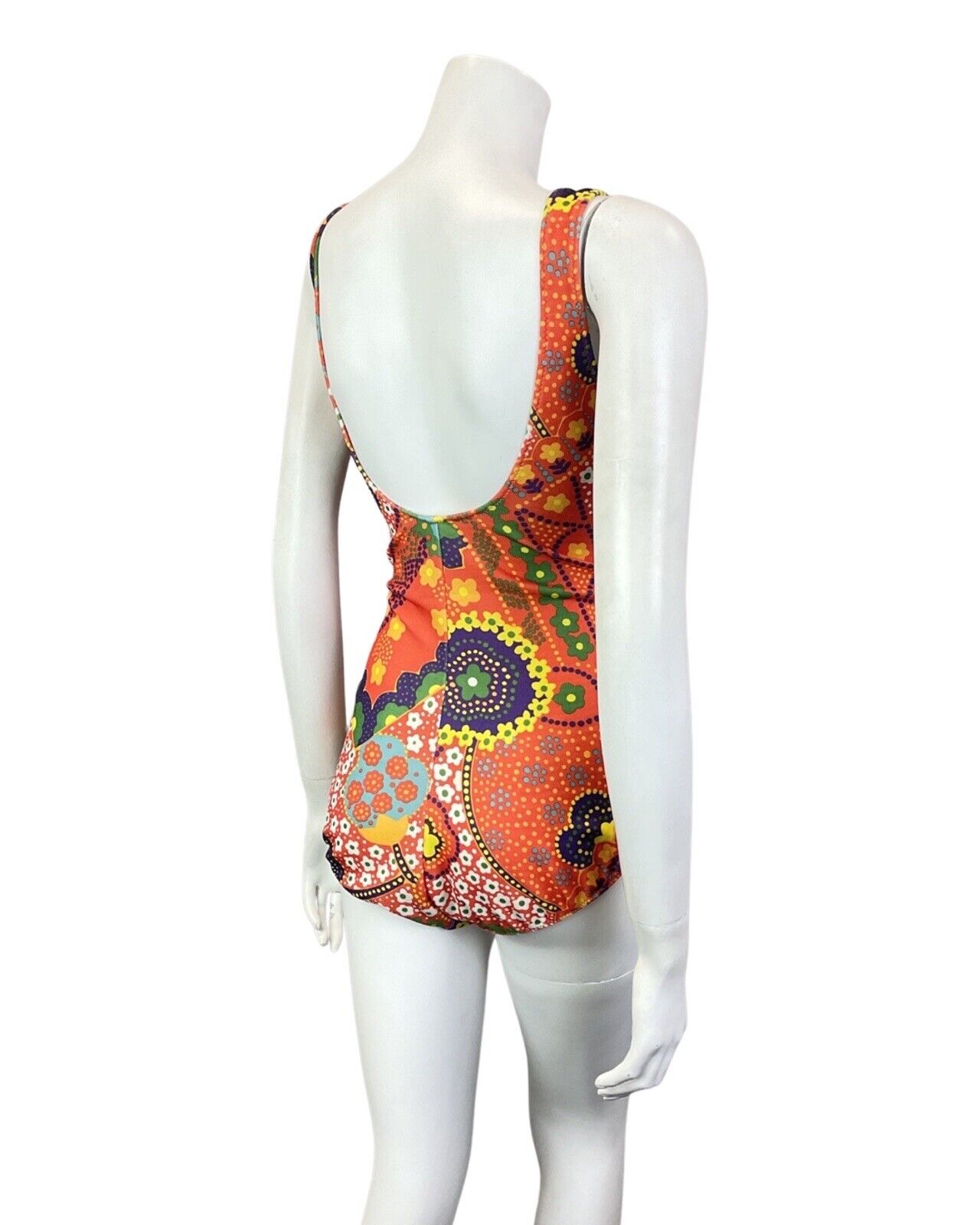 VINTAGE 60s 70s ORANGE PURPLE GREEN DAISY FLOWER DOTTY MOD SWIMSUIT 16 18