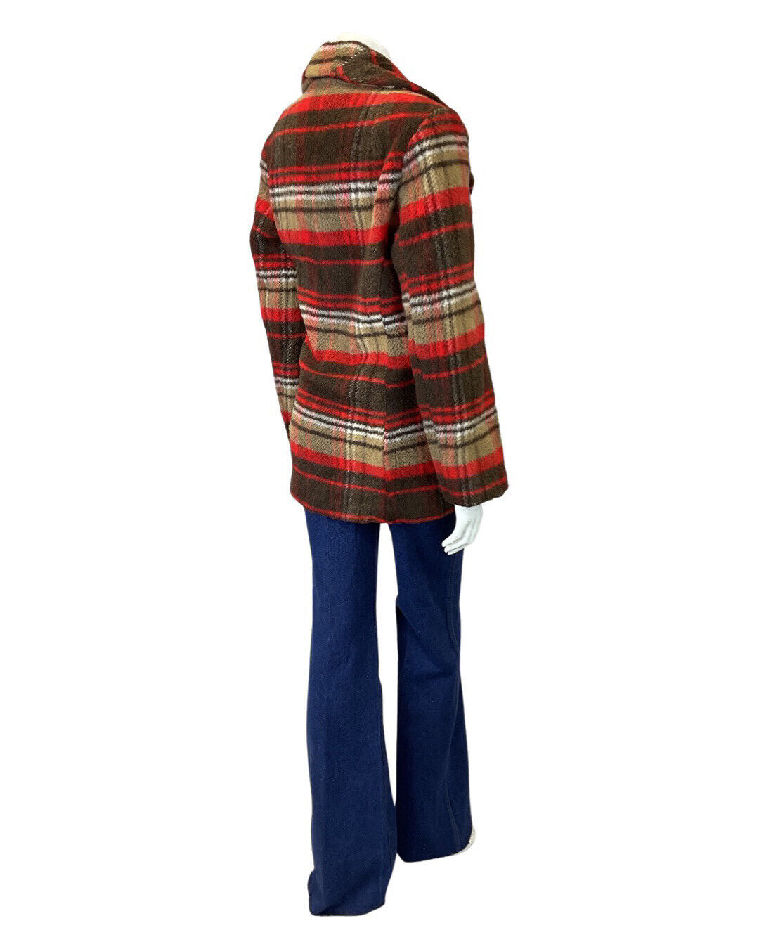 VINTAGE 60s 70s BROWN RED PLAID CHECKED STRIPED MOD WOOL SHORT COAT 14 16