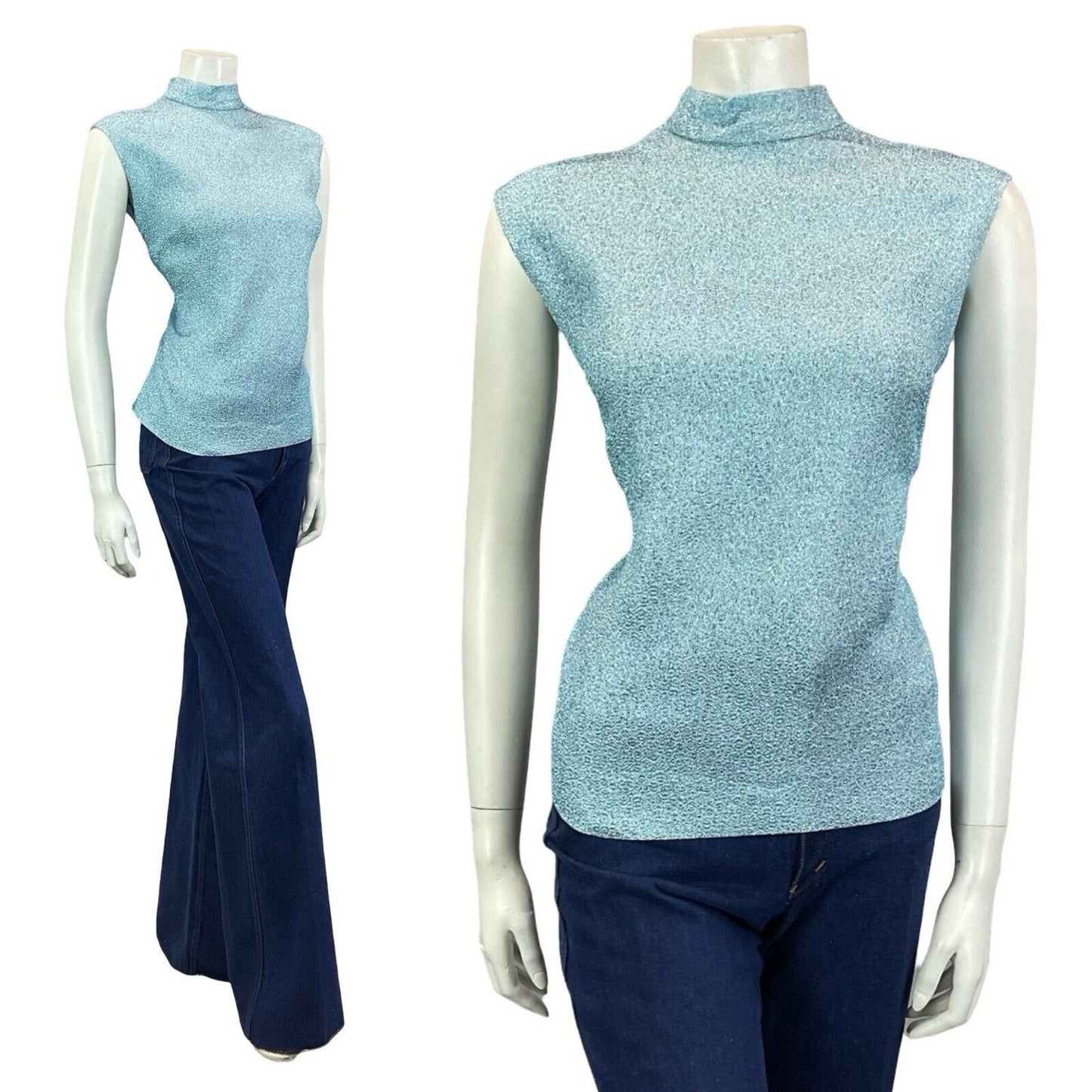 VTG 60S POWDER BLUE MOD GOGO LUREX SLEEVELESS FUNNEL NECK SHIFT PARTY TOP 10