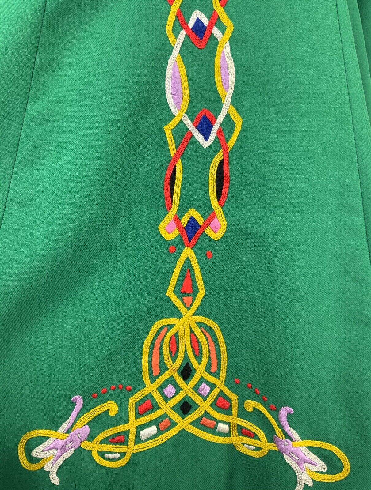 VTG 60s 70s FOLK GREEN WHITE RED YELLOW BLACK CELTIC EMBROIDERED DRESS 4 6