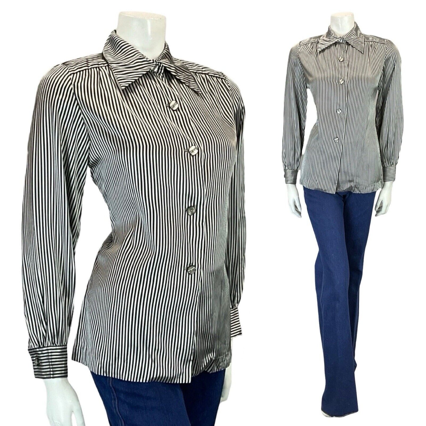 VTG 60S 70S BLACK WHITE SILKY SHINY MINI DAGGER COLLAR STRIPED PARTY SHIRT 10