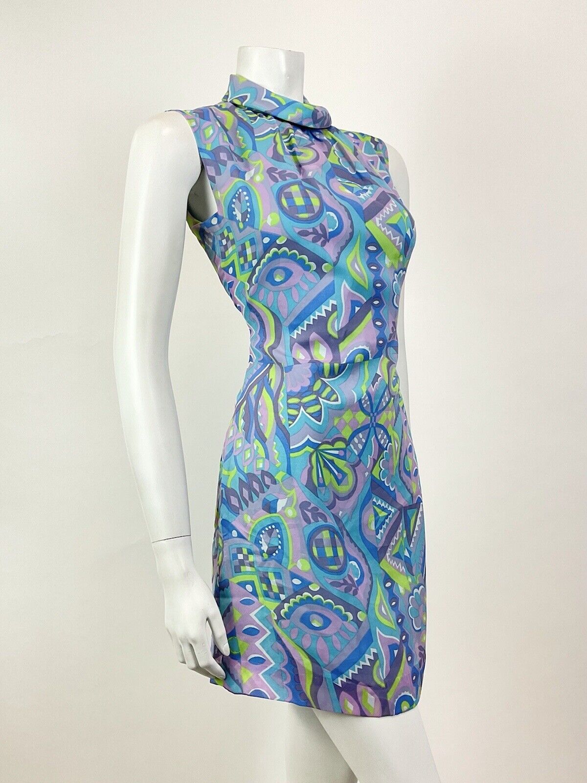 VINTAGE 60s 70s BLUE PURPLE GREEN PSYCHEDELIC GEOMETRIC MOD SHIFT DRESS 8 10
