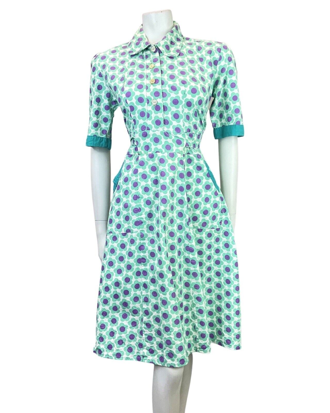 VINTAGE 60s 70s MINT PURPLE DAISY FLOWER MOD PETER PAN COLLAR SHIRT DRESS 14