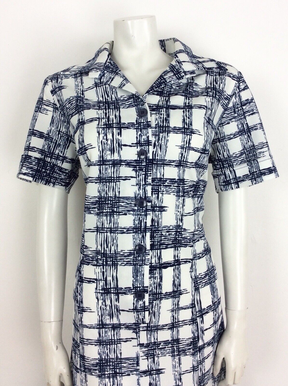VINTAGE 60s 70s GEOMETRIC LINE PRINT TEA SHIRT DRESS WHITE BLUE 14 16