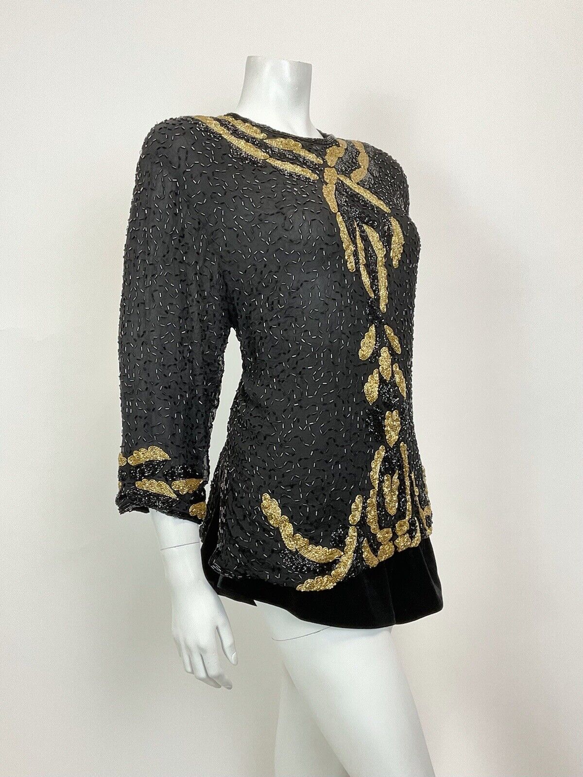 VINTAGE 70s 80s BLACK GOLD SEQUIN BEADED GLAM DISCO PARTY BLOUSE TOP 16 18