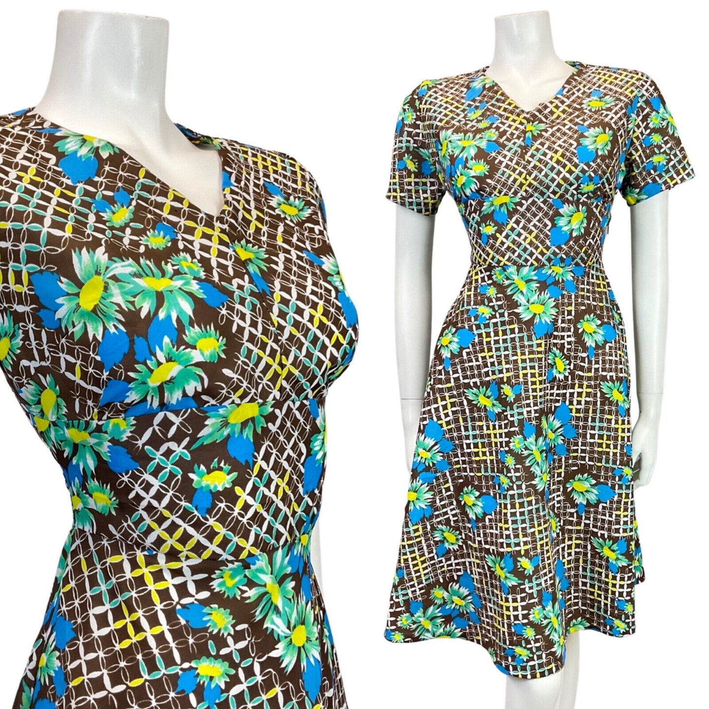 VINTAGE 60s 70s BROWN BLUE WHITE GRID CHECKED FLORAL MOD SWING DRESS 10 12