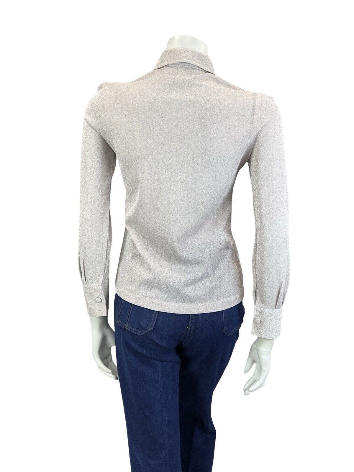 VTG 60S 70S WHITE PASTEL PINK DAGGER COLLAR LONG SLEEVE LUREX PARTY SHIRT 6