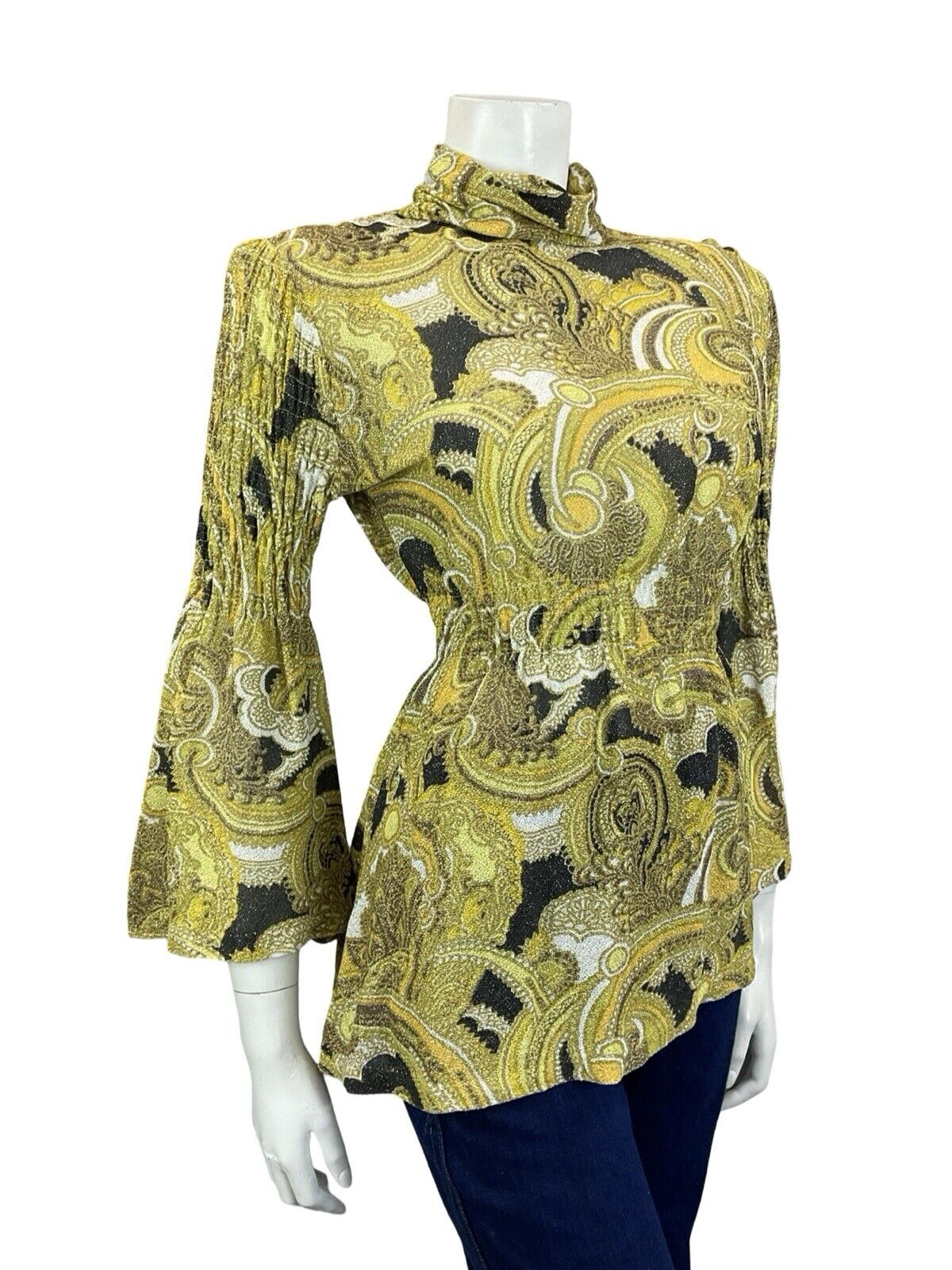 VTG 60S GOLD BLACK WHITE LUREX GLITTERY FLARE SLEEVE RUCHED COLLAR BLOUSE 8