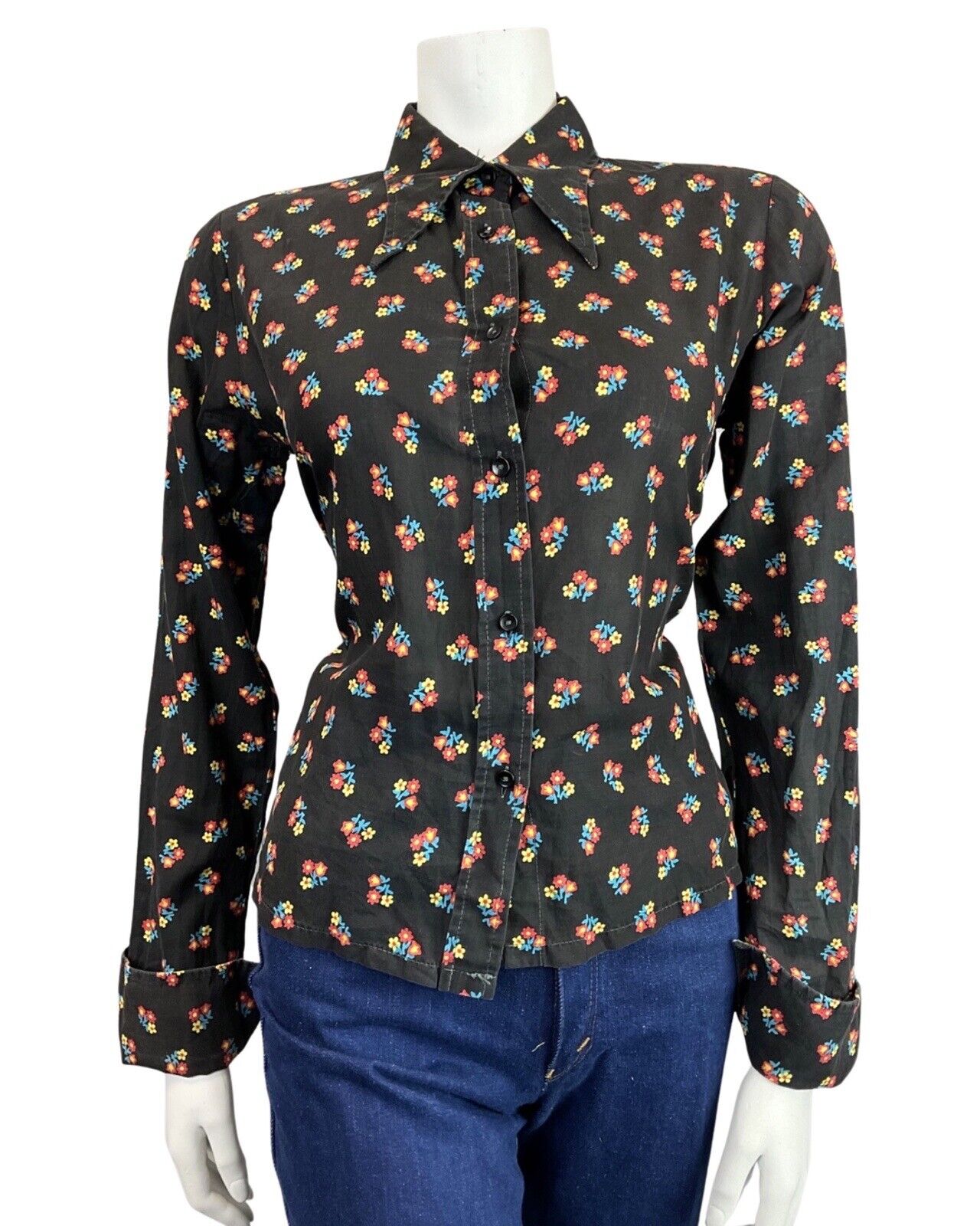 VINTAGE 60s 70s BLACK RED YELLOW FLORAL DAISY DITSY MOD DAGGER SHIRT 10 12