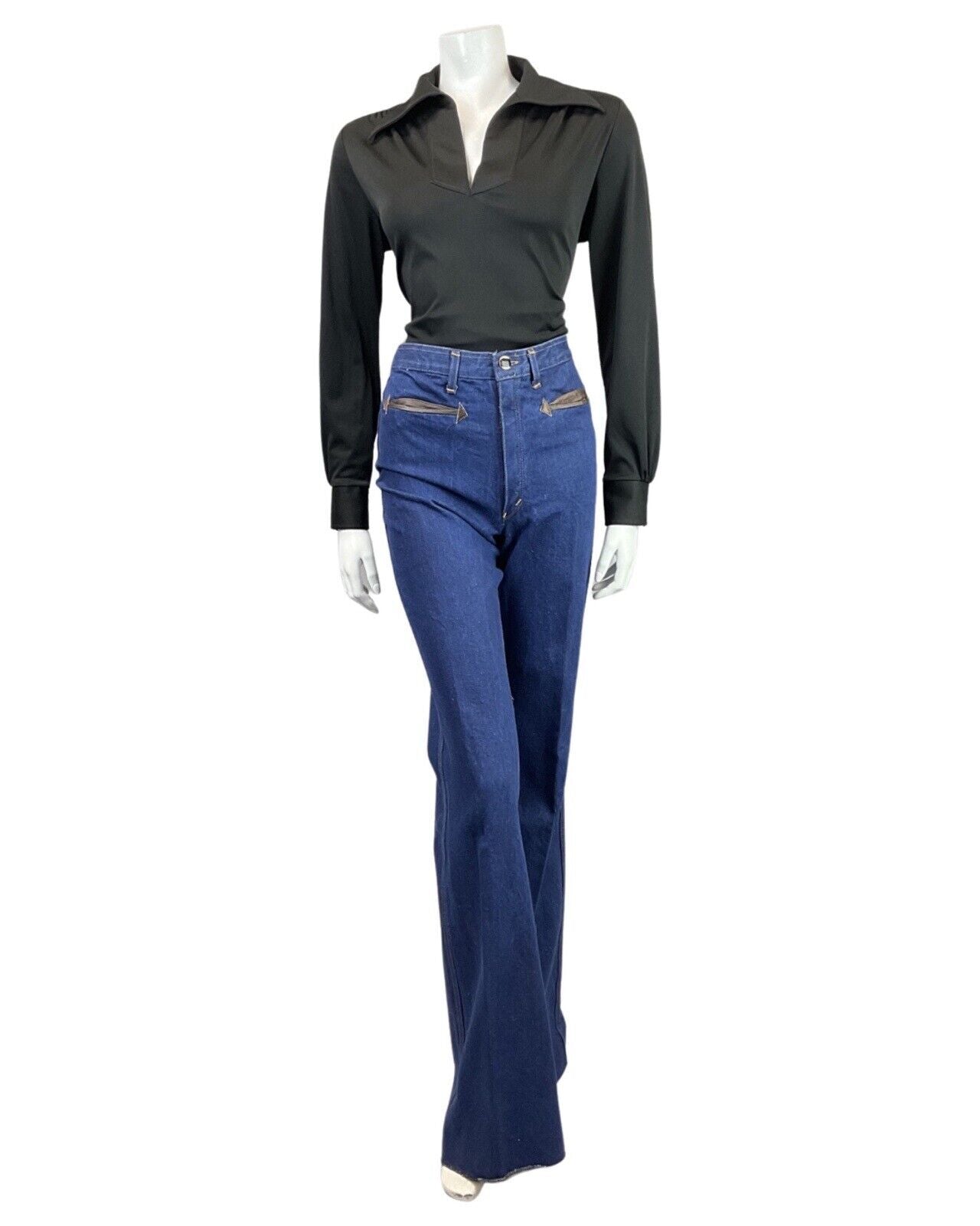 VINTAGE 60s 70s JET BLACK DAGGER COLLAR BLOUSE TOP 14 16