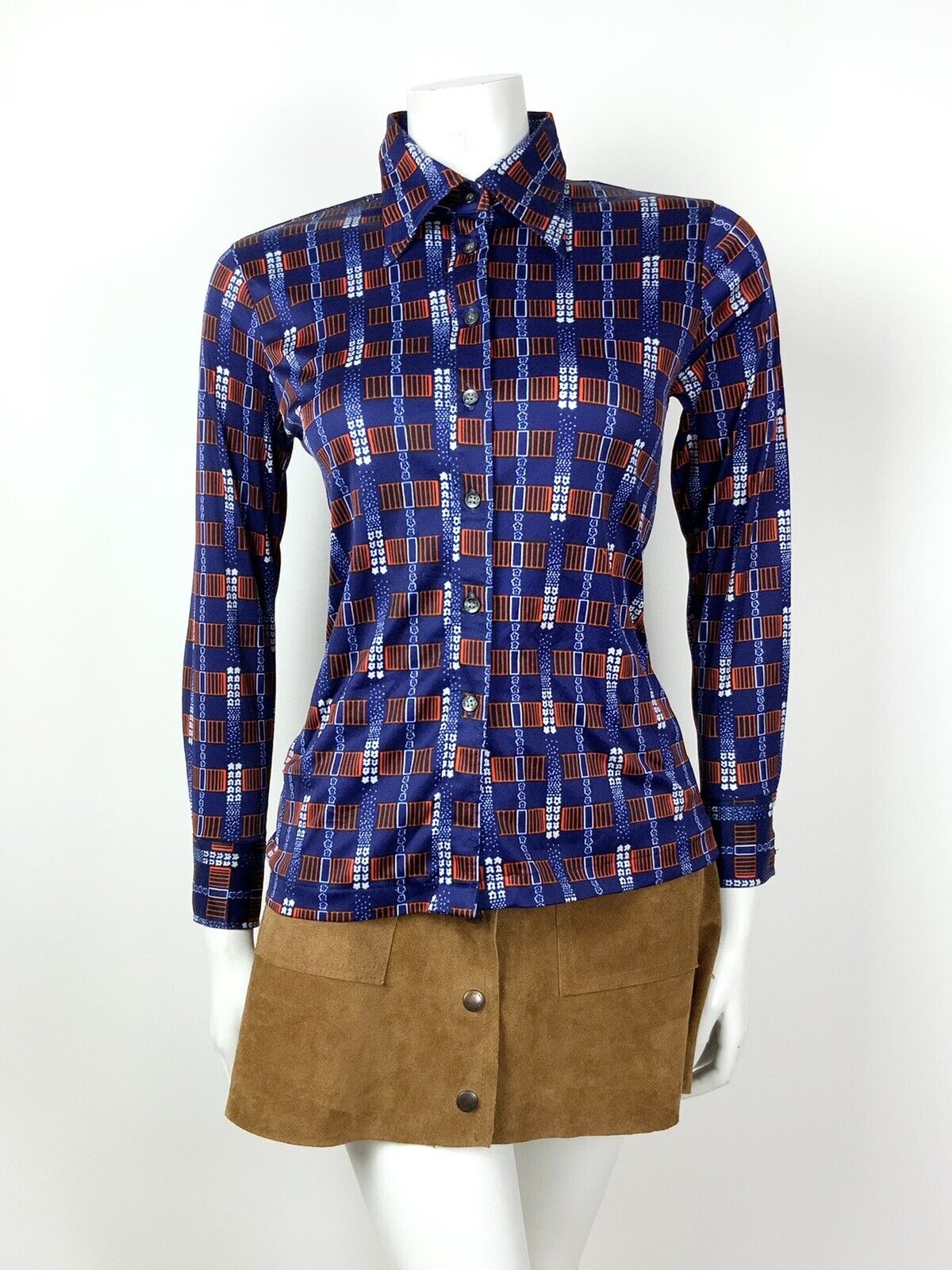 VINTAGE 60s 70s DARK BLUE RED WHITE GEOMETRIC STRIPE FLORAL DAGGER SHIRT 10 12