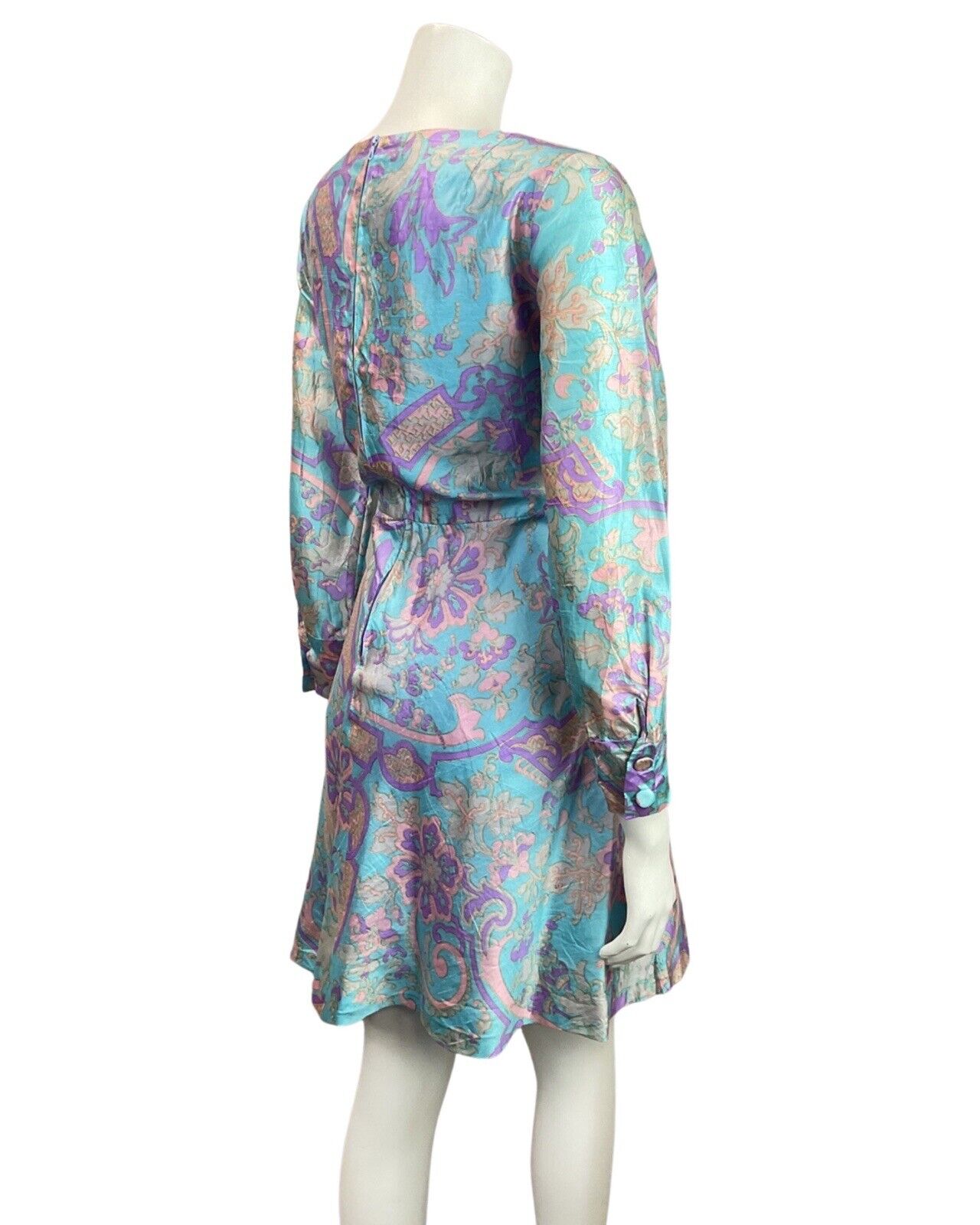 VINTAGE 60s 70s BLUE PURPLE GREY PSYCHEDELIC FLORAL SILK BOW SWING DRESS 12 14