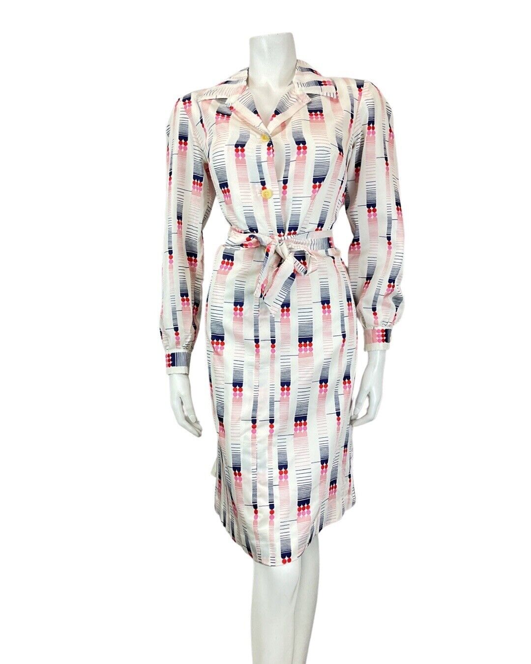 VINTAGE 60s 70s WHITE PINK BLUE GEOMETRIC MOD BELTED SHIRT DRESS 14