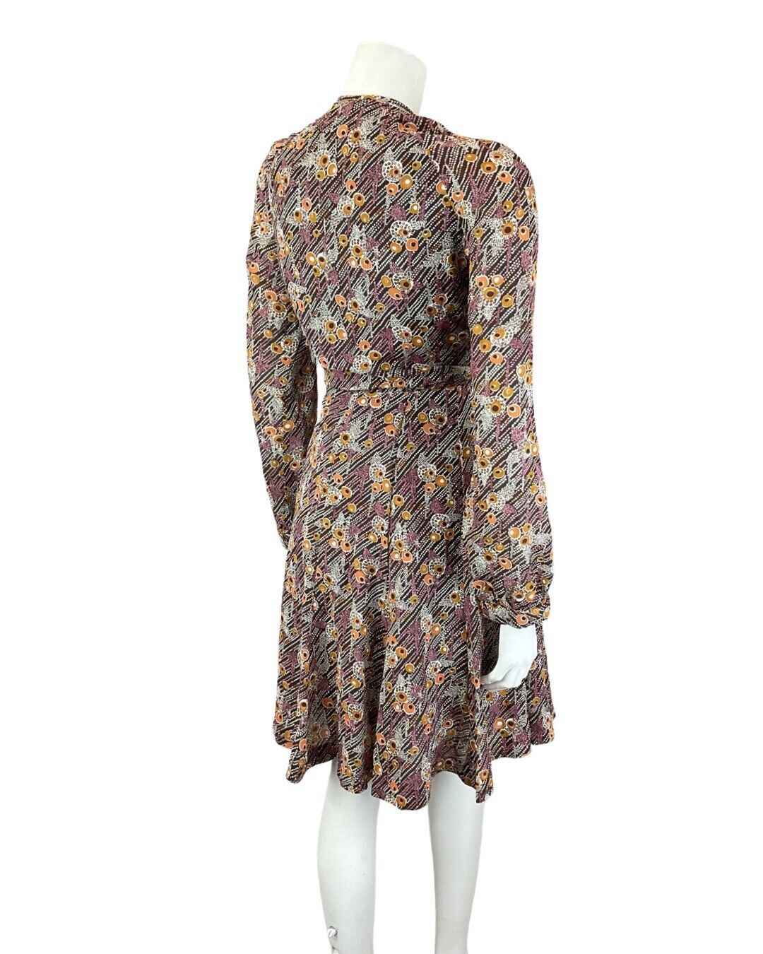 VINTAGE 60s 70s BROWN PURPLE WHITE DOTTY PSYCHEDELIC MOD SWING DRESS 10