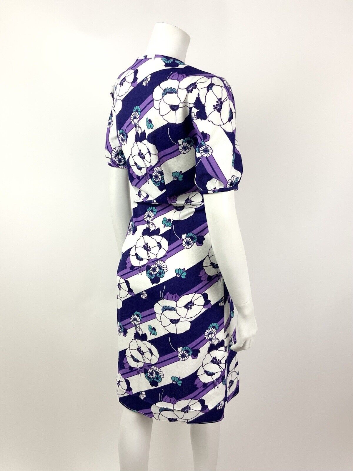 VINTAGE 60s 70s PURPLE WHITE TURQUOISE STRIPED FLORAL MOD DRESS 14 16