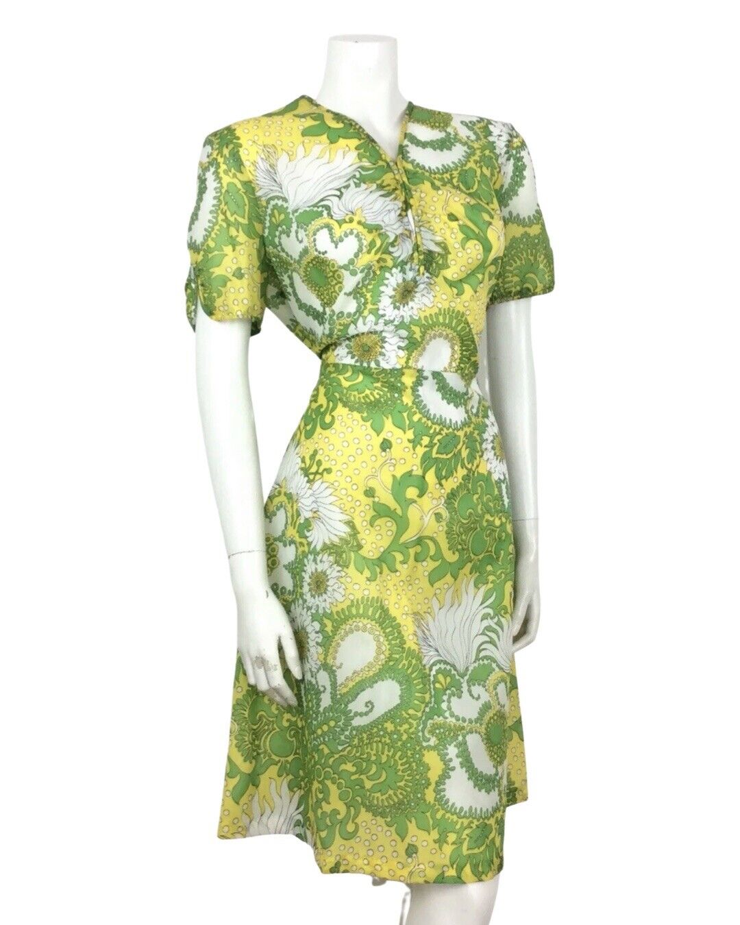 PSYCHEDELIC 70S VINTAGE YELLOW GREEN WHITE FLORAL DRESS 14