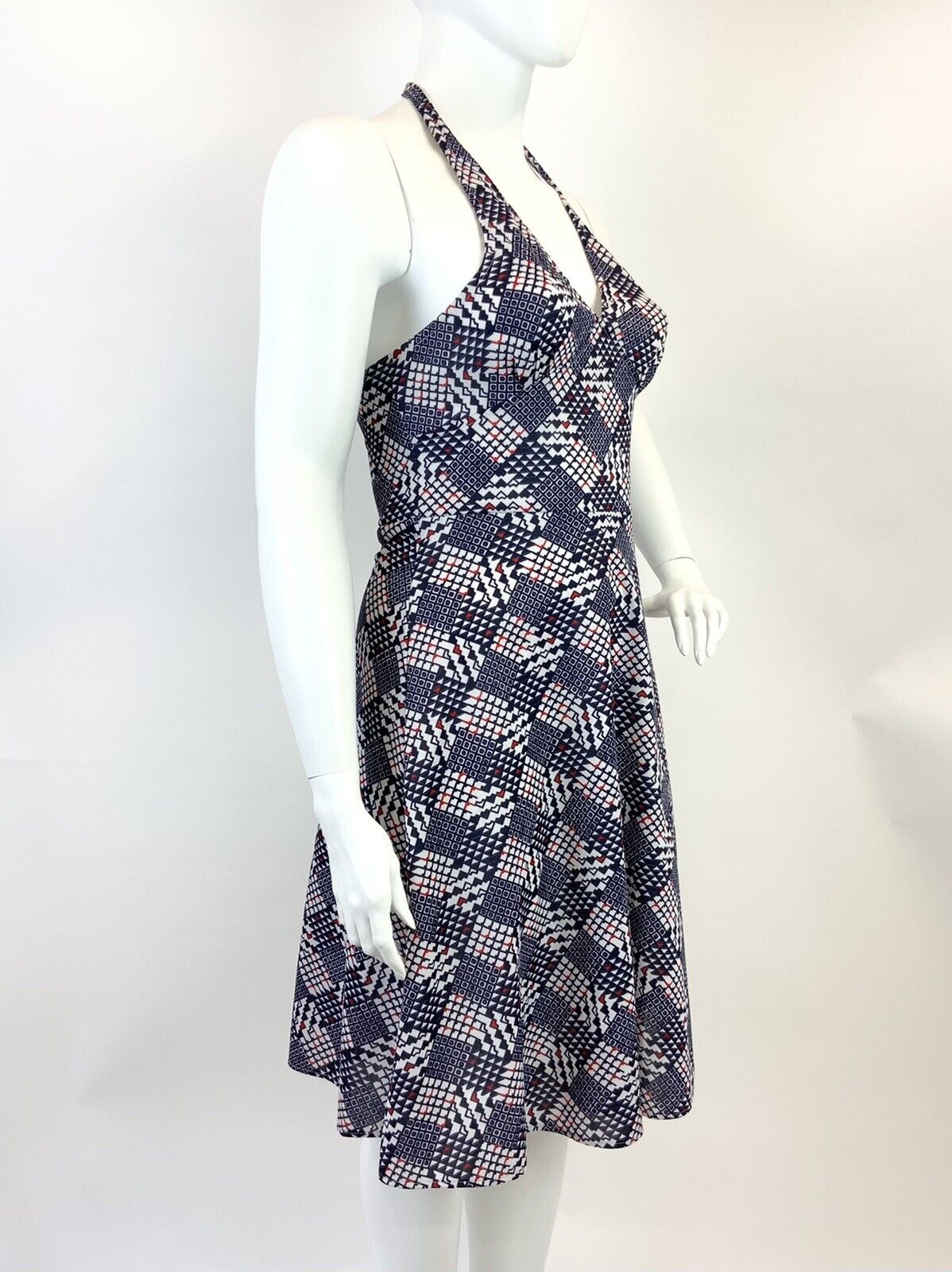 VINTAGE 60s 70s BLUE RED WHITE GEOMETRIC CHECKERBOARD MOD HALTER SUMMER DRESS 16
