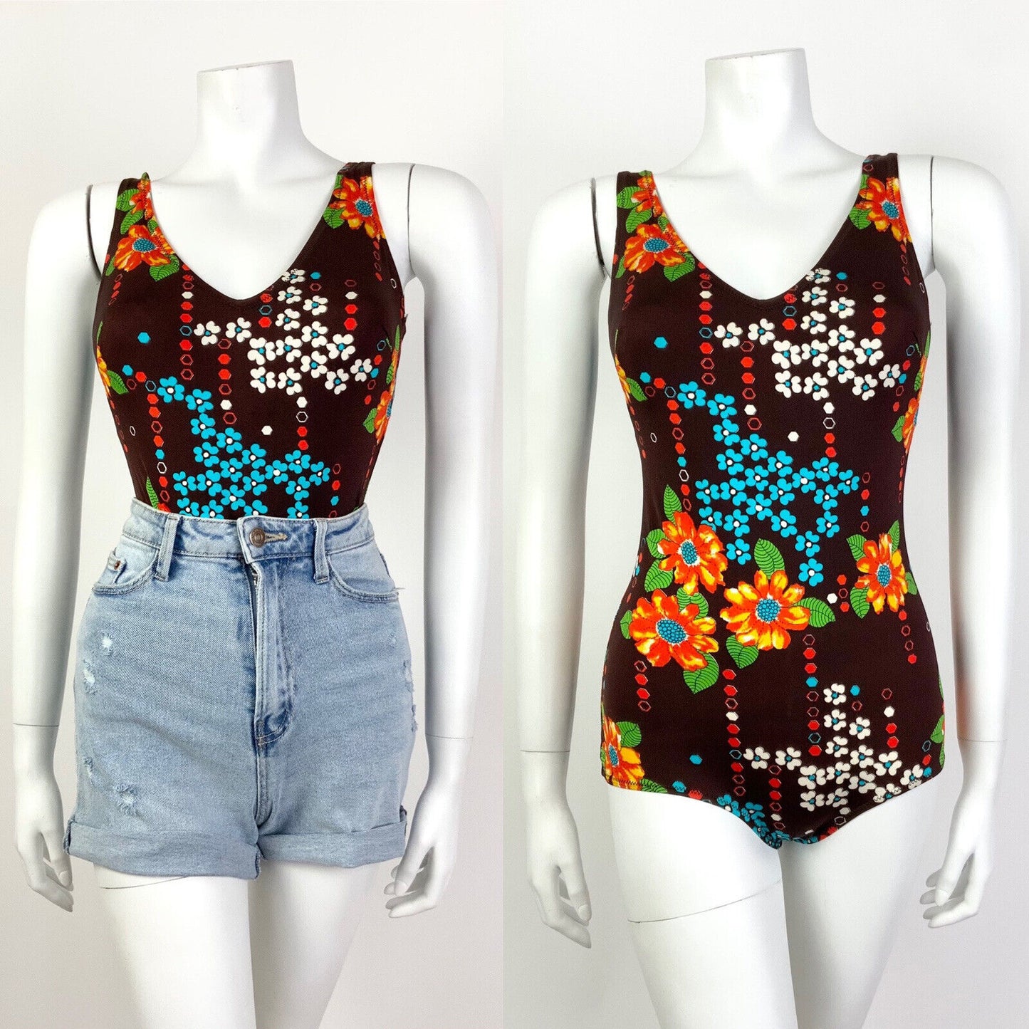 VTG 60s 70s BROWN ORANGE BLUE FLORAL LOW-BACK MOD SWIMSUIT BODY SUIT 10 12