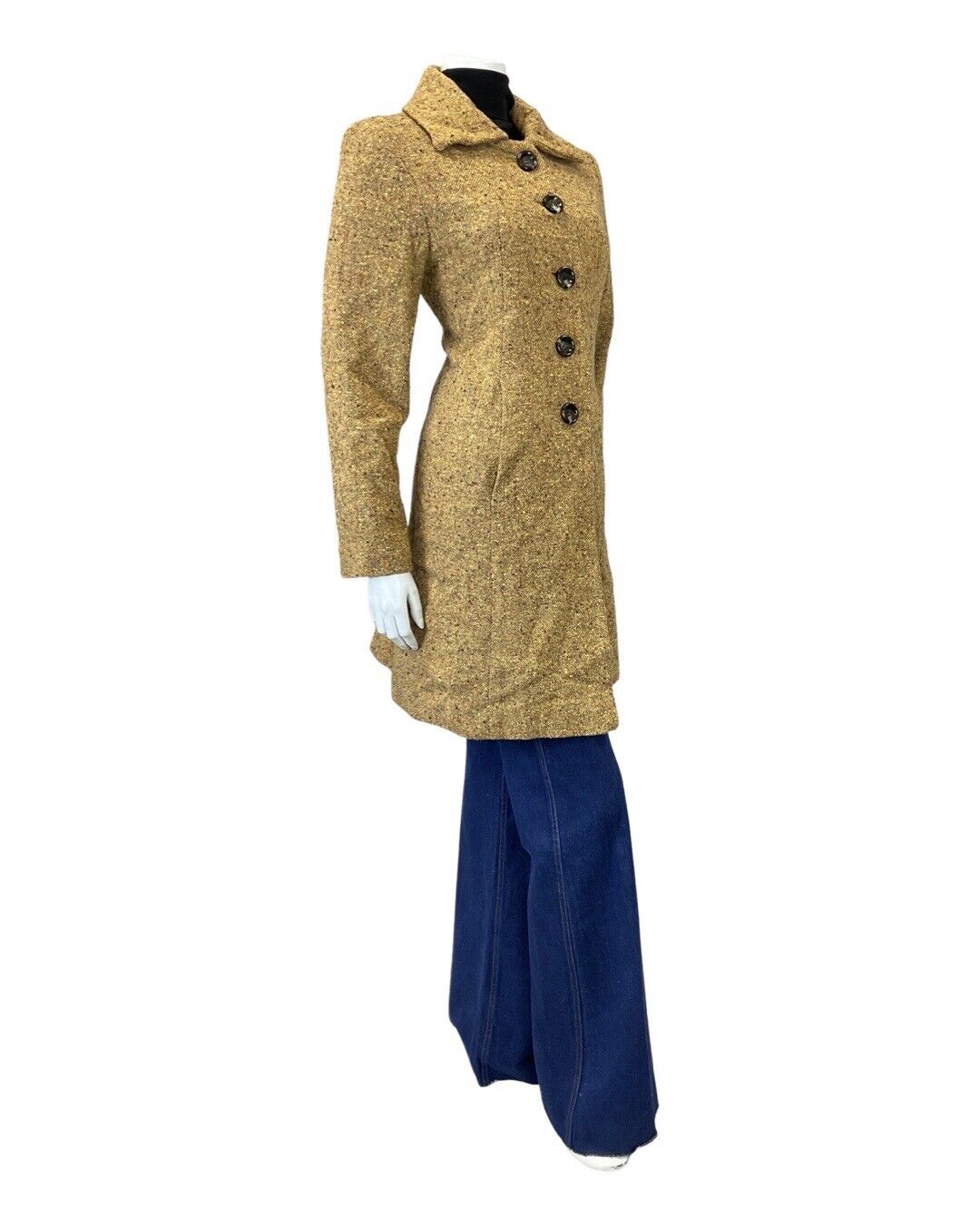 VINTAGE 60s 70s YELLOW BROWN BEIGE SPECKLED MOD MID-LENGTH WOOL COAT 12
