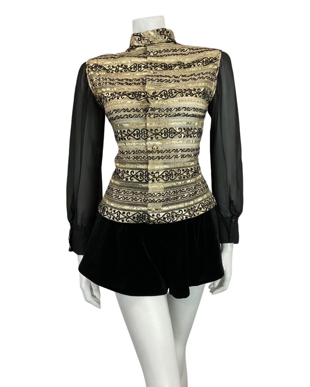 VINTAGE 60s 70s BLACK GOLD STRIPED SWIRL SHEER PARTY STUDIO 54 BLOUSE 8 10