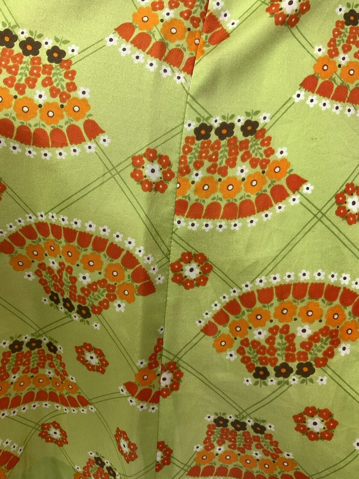 VINTAGE 60s 70s LIME GREEN ORANGE BROWN CHECKED FLORAL FAN MOD DRESS 12 14