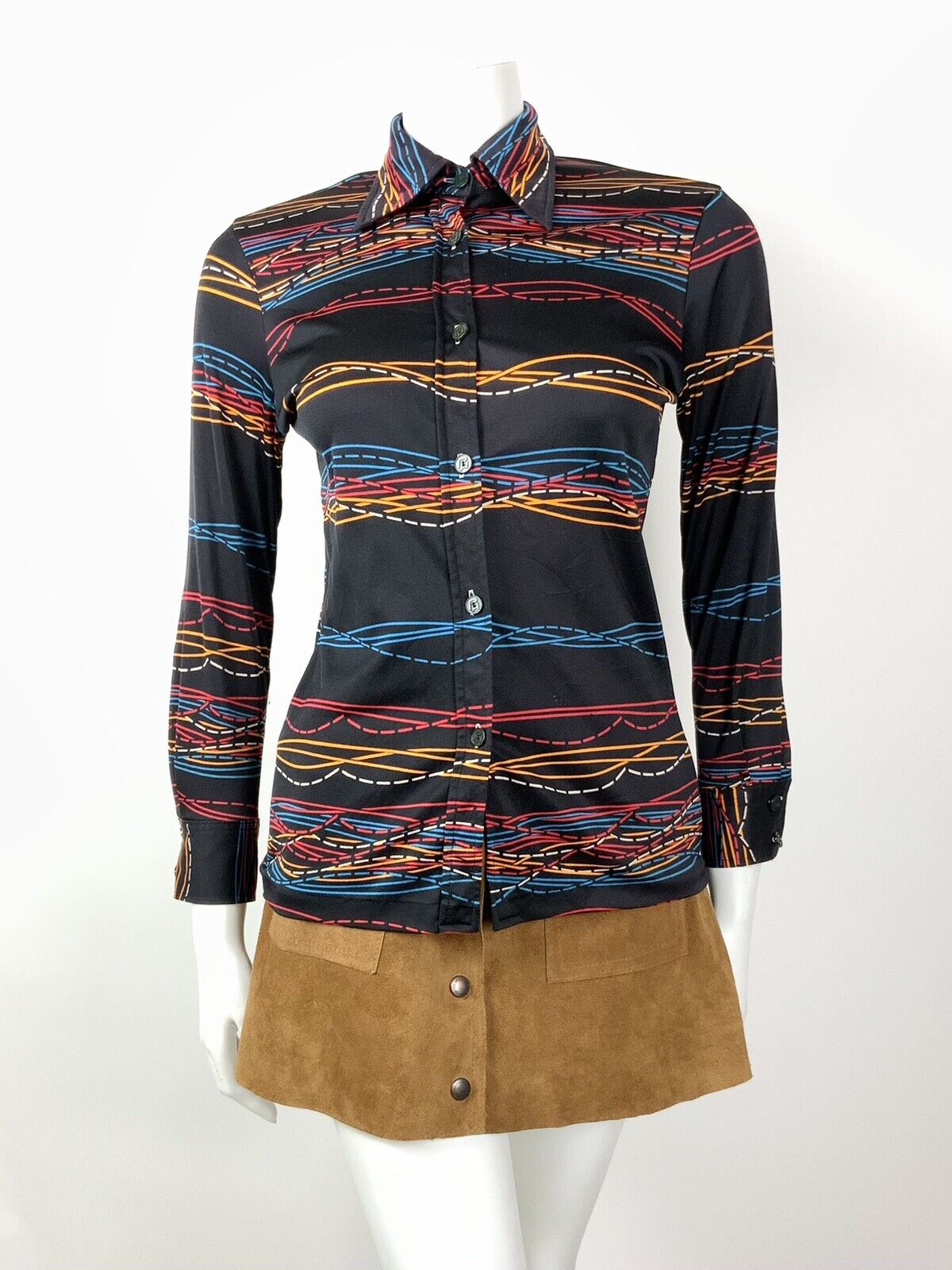 VINTAGE 60s 70s BLACK ORANGE BLUE RED WAVY STRIPED DAGGER COLLAR SHIRT 10 12