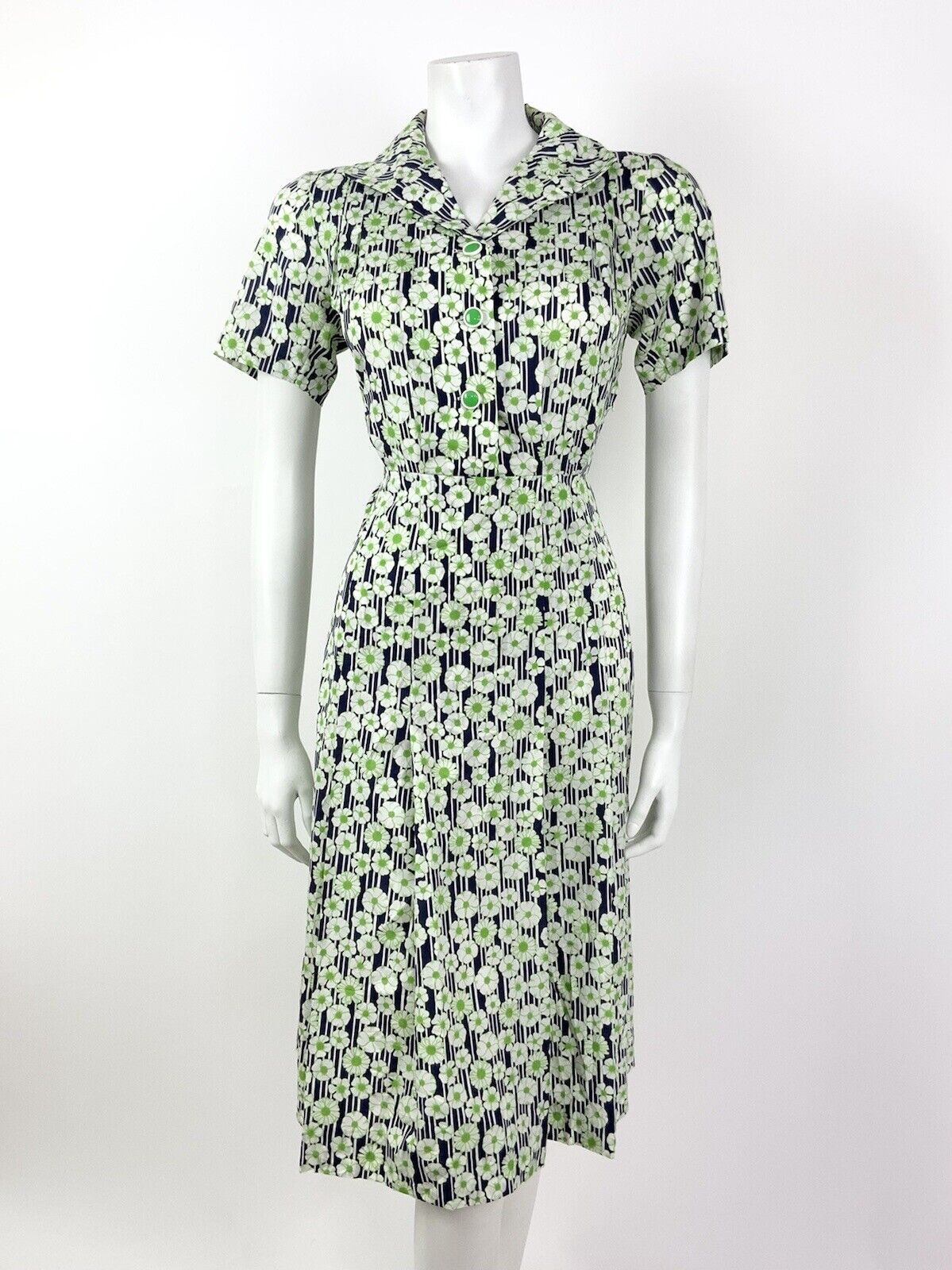 VINTAGE 60s 70s GREEN BLUE WHITE STRIPED FLORAL DAISY MOD SHIRT DRESS 12 14