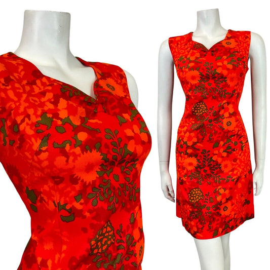 VINTAGE 60s 70s RED ORANGE GREEN PSYCHEDELIC FLORAL MOD SLEEVELESS DRESS 10