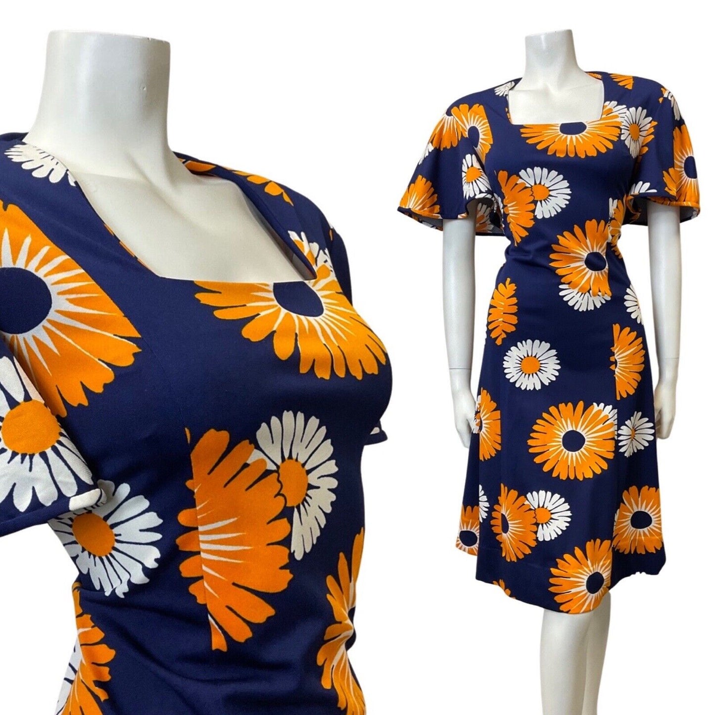 VINTAGE 60s 70s BLUE ORANGE WHITE DAISY FLOWER FLARED SLEEVE MOD DRESS 14 16