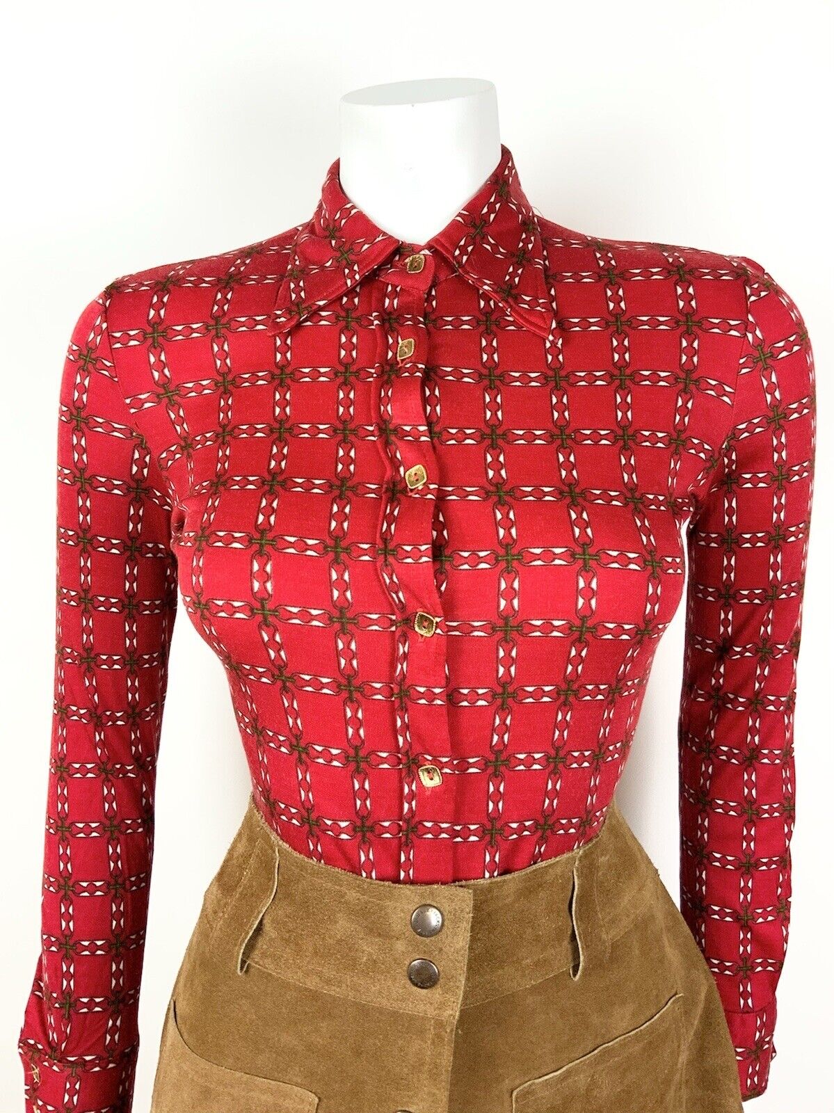 VINTAGE 60s 70s RED GREEN WHITE CHECKED GRID GEOMETRIC MOD DAGGER SHIRT 6 8