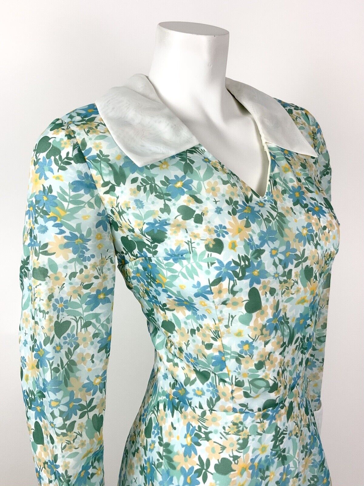 VINTAGE 60s 70s GREEN BLUE BEIGE FLORAL DITSY MOD SHEER SHIRT DRESS 10 12