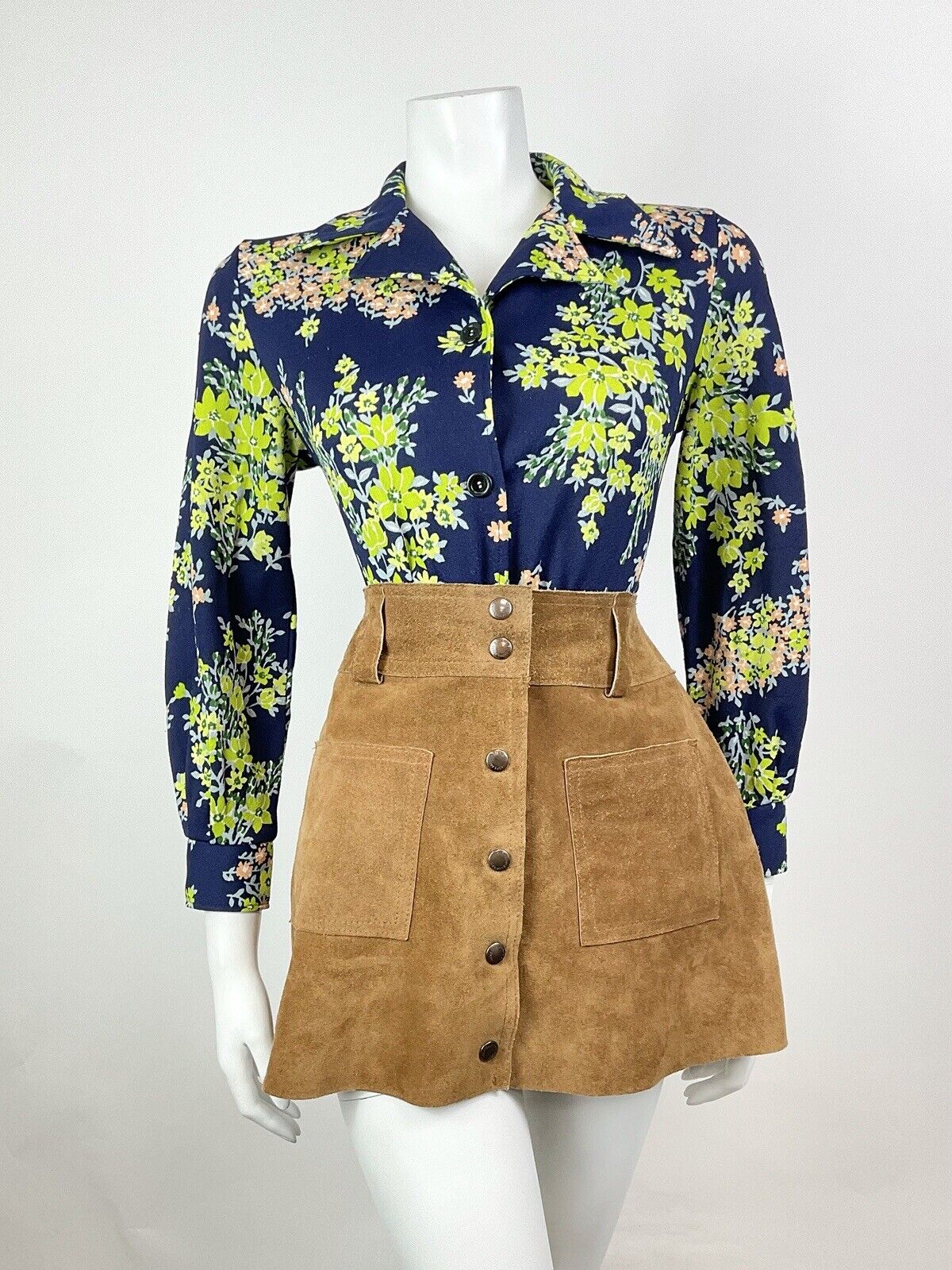 VINTAGE 60s 70s BLUE GREEN PINK FLORAL BLOSSOM WING COLLAR SHIRT BLOUSE 12 14