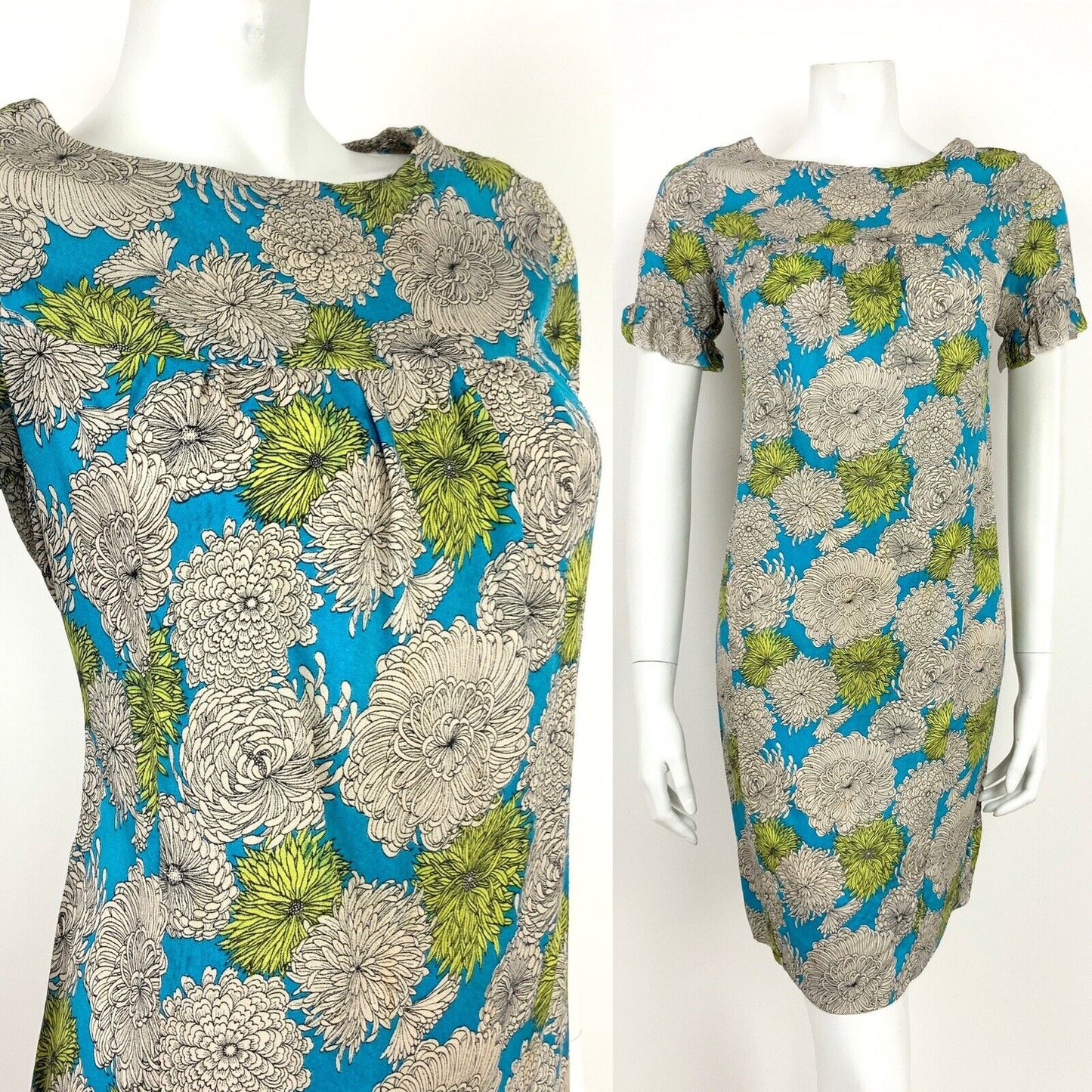 VTG 60s 70s BLUE LIME GREEN CHRYSANTHEMUM FLORAL PSYCHEDELIC SHIFT DRESS 10 12