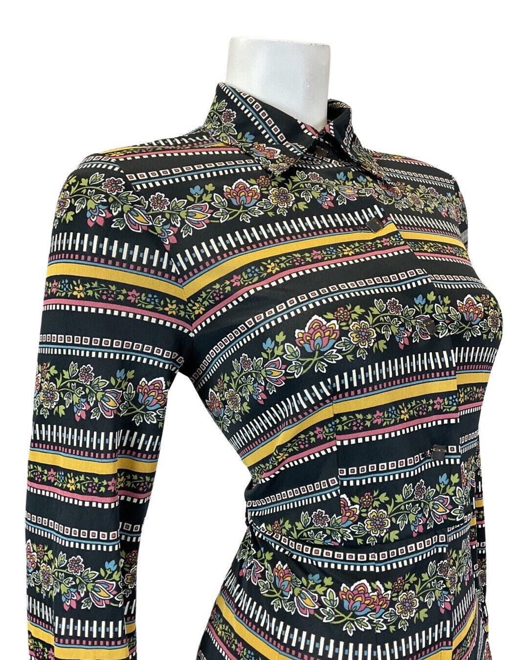 VINTAGE 60s 70s BLACK YELLOW BLUE STRIPED FLORAL MOD MIDI DAGGER SHIRT DRESS 10