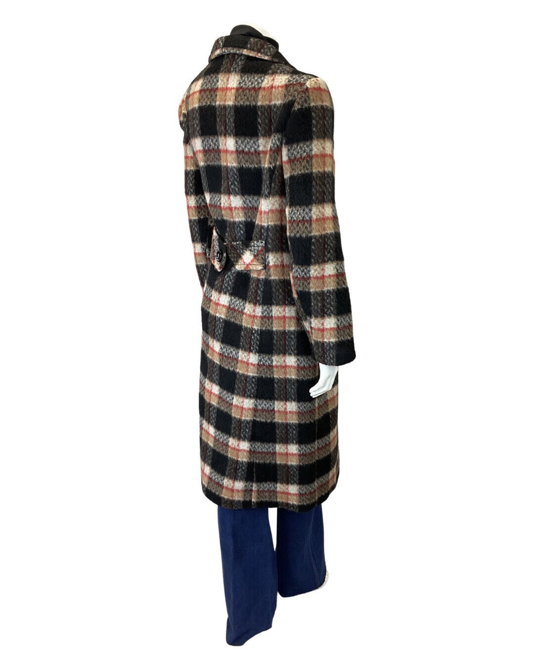VINTAGE 60s 70s BLACK CREAM RED PLAID CHECKED MOD WOOL COAT 16