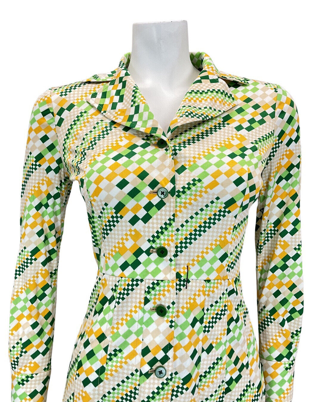 VINTAGE 60s 70s GREEN WHITE YELLOW PIXEL GEOMETRIC MOD DAGGER SHIRT DRESS 8