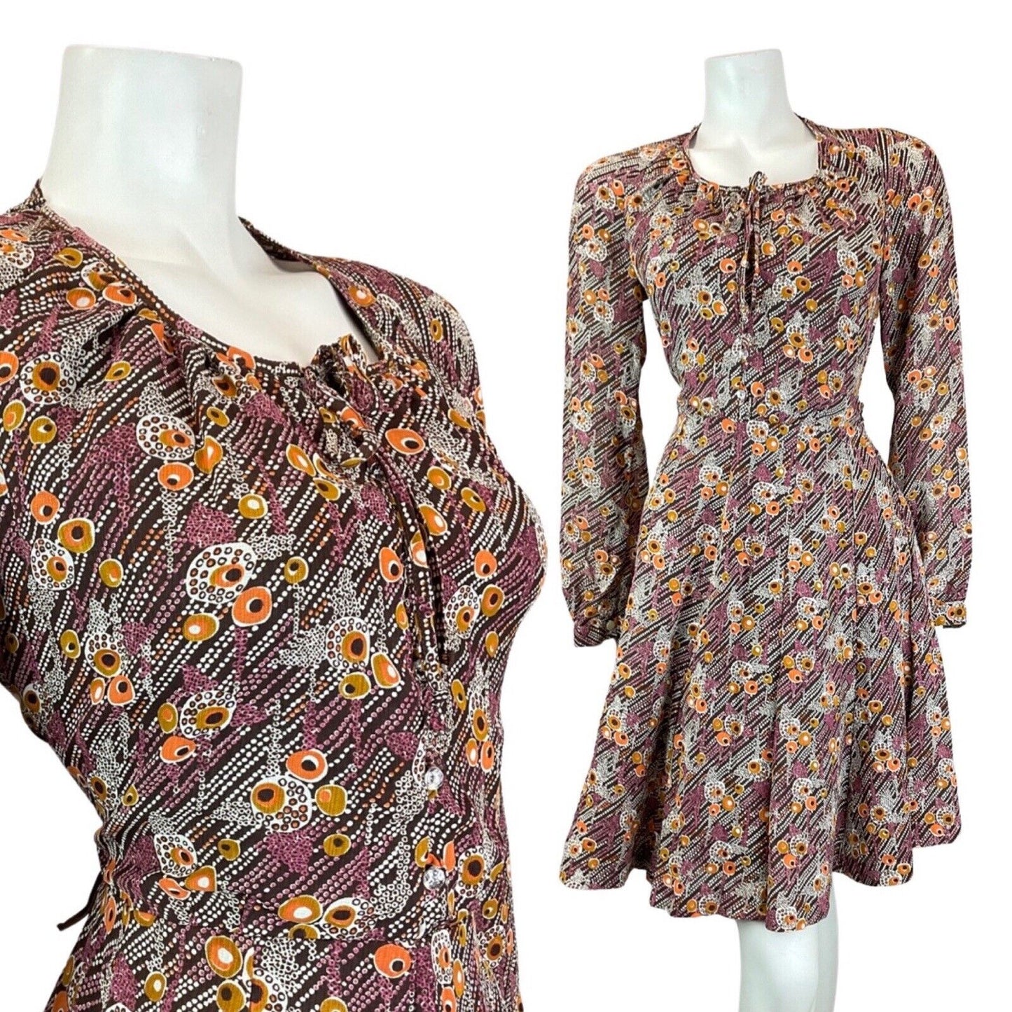 VINTAGE 60s 70s BROWN PURPLE WHITE DOTTY PSYCHEDELIC MOD SWING DRESS 10