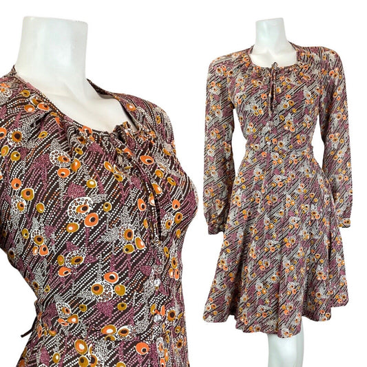 VINTAGE 60s 70s BROWN PURPLE WHITE DOTTY PSYCHEDELIC MOD SWING DRESS 10