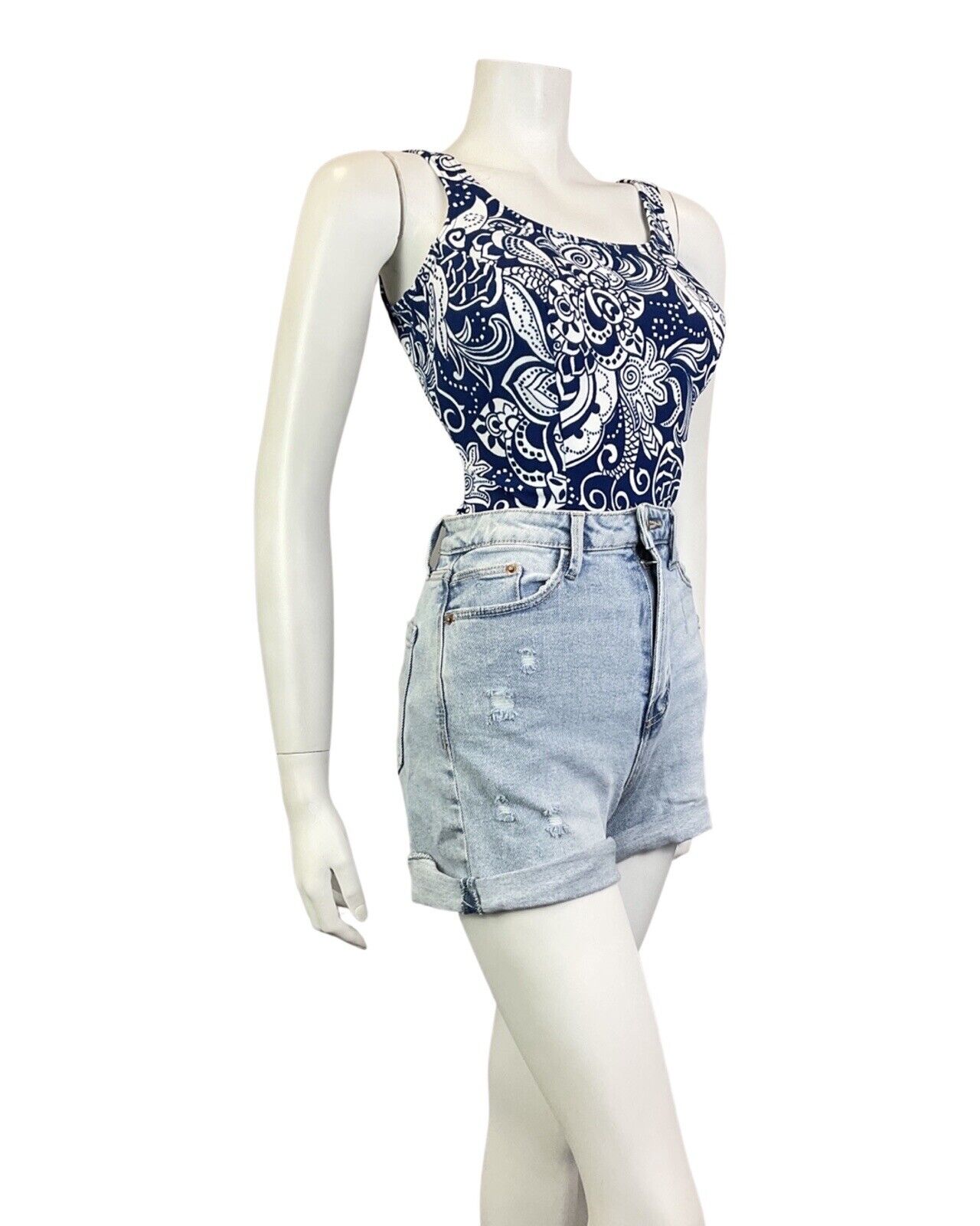 VINTAGE 60s 70s NAVY BLUE WHITE PSYCHEDELIC PAISLEY FLORAL SWIMSUIT BODYSUIT 10
