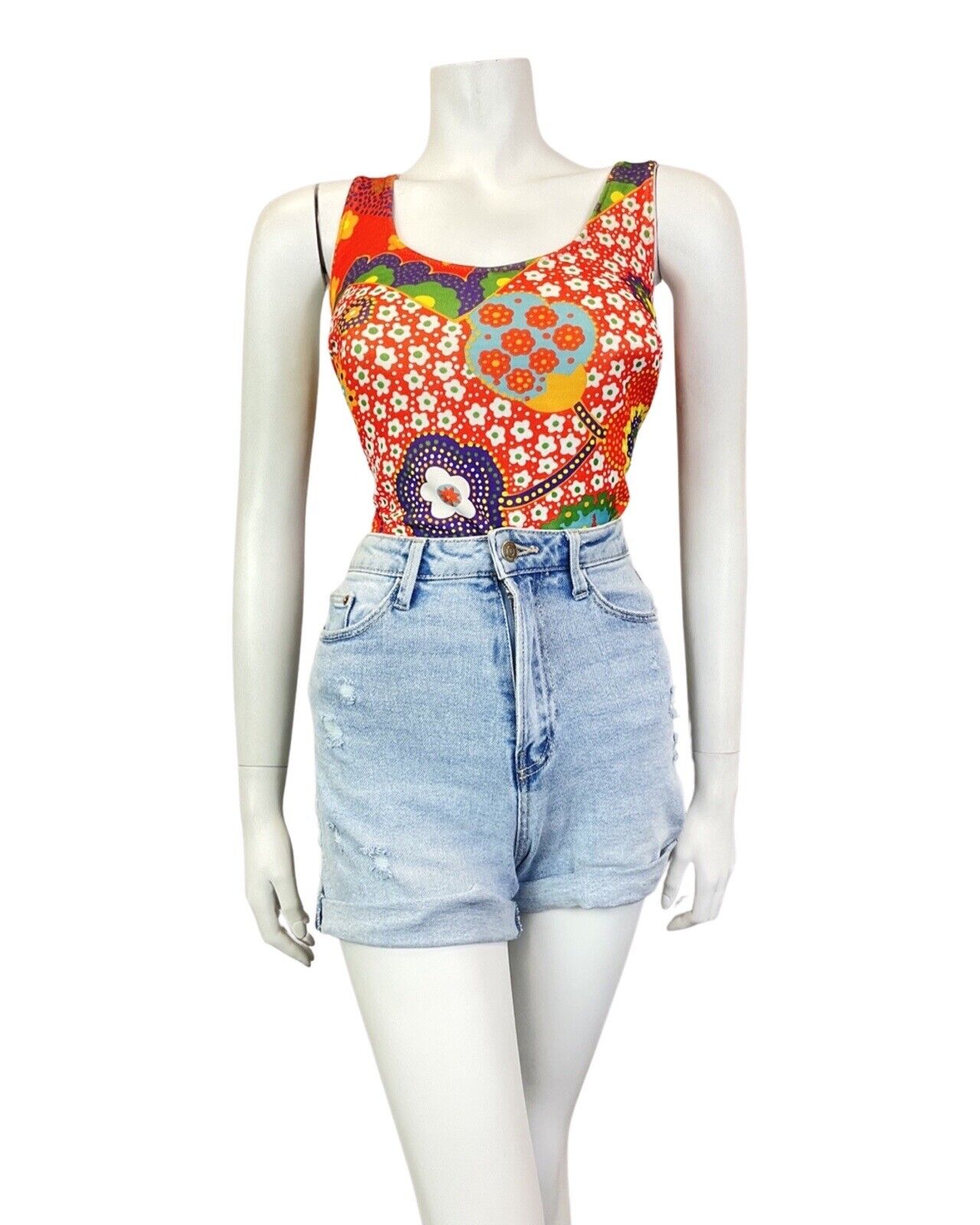 VINTAGE 60s 70s ORANGE PURPLE GREEN DAISY FLOWER DOTTY MOD SWIMSUIT 16 18