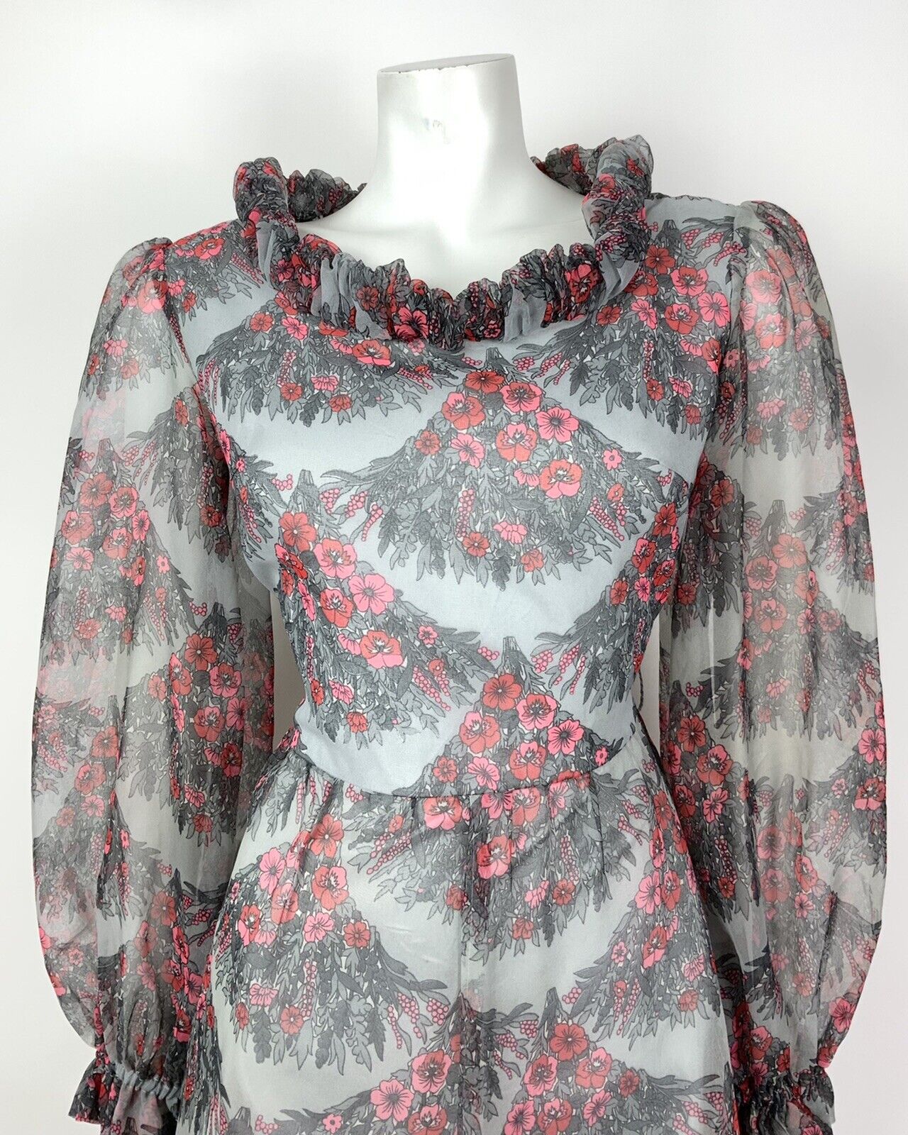 VINTAGE 60s 70s GREY RED PINK FLORAL SCALES RUFFLED SHEER MOD DRESS 12 14